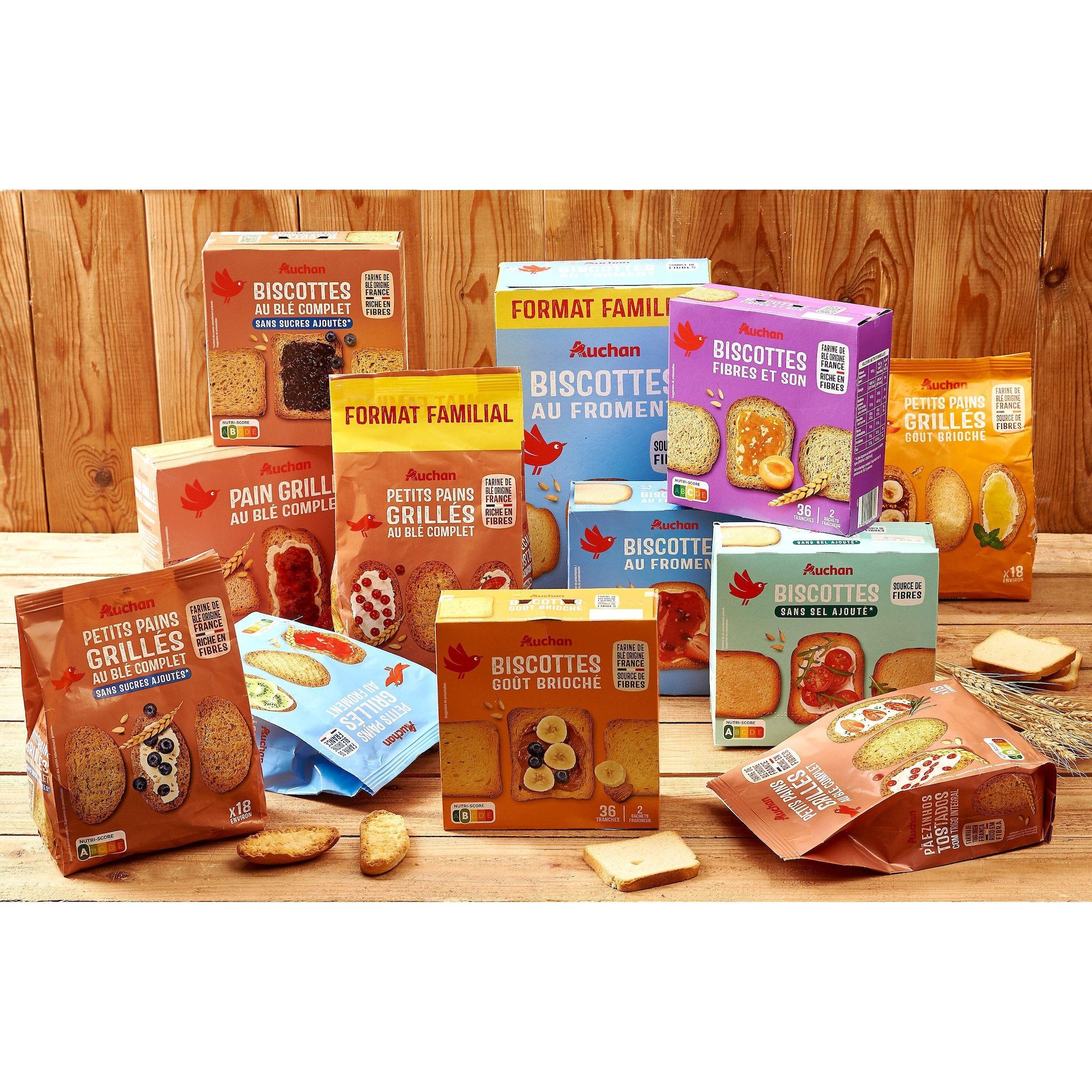 Voir la diapositive 4 : AUCHAN Petits pains grillés briochés environ 18 petits pains 225g