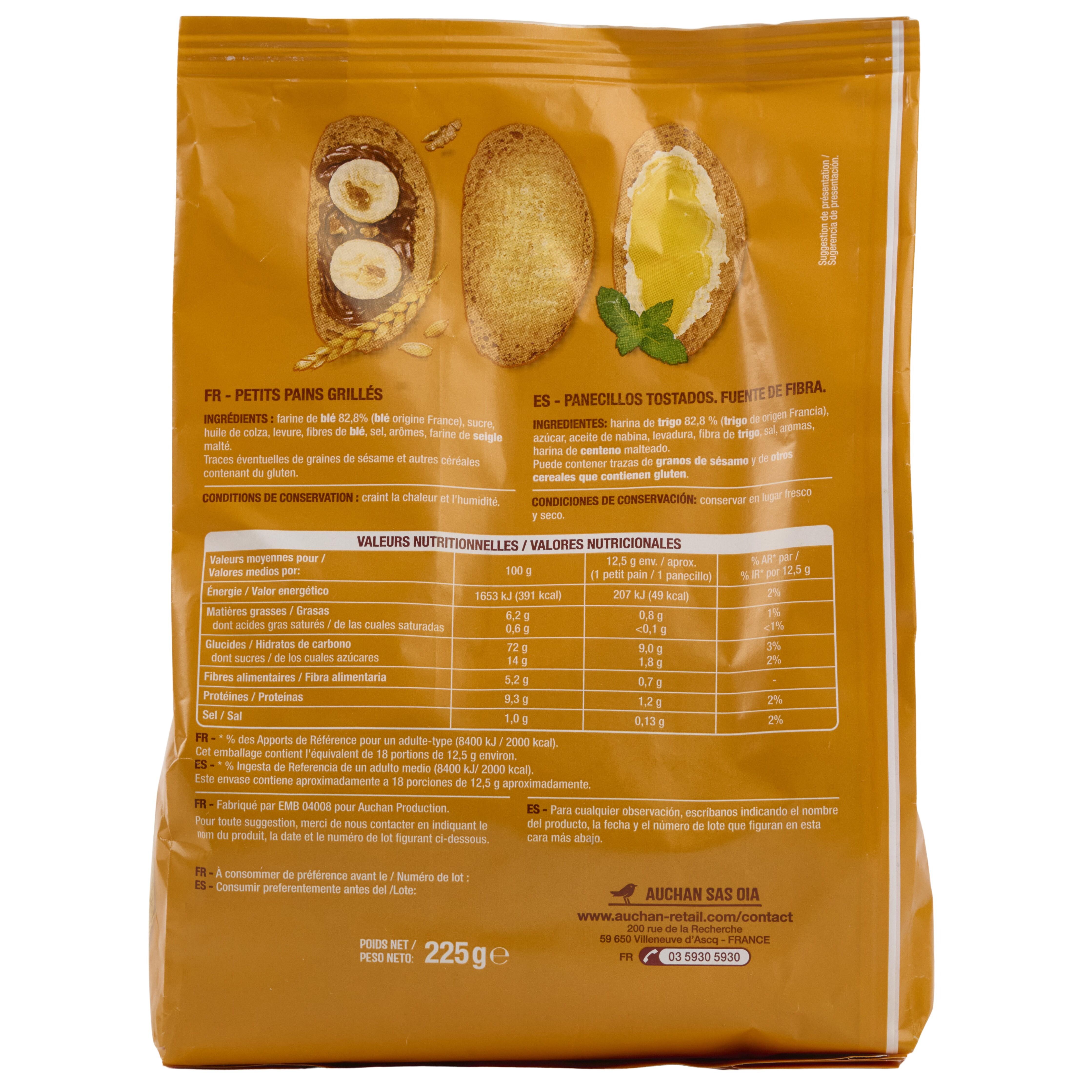 Voir la diapositive 4 : AUCHAN Petits pains grillés briochés environ 18 petits pains 225g