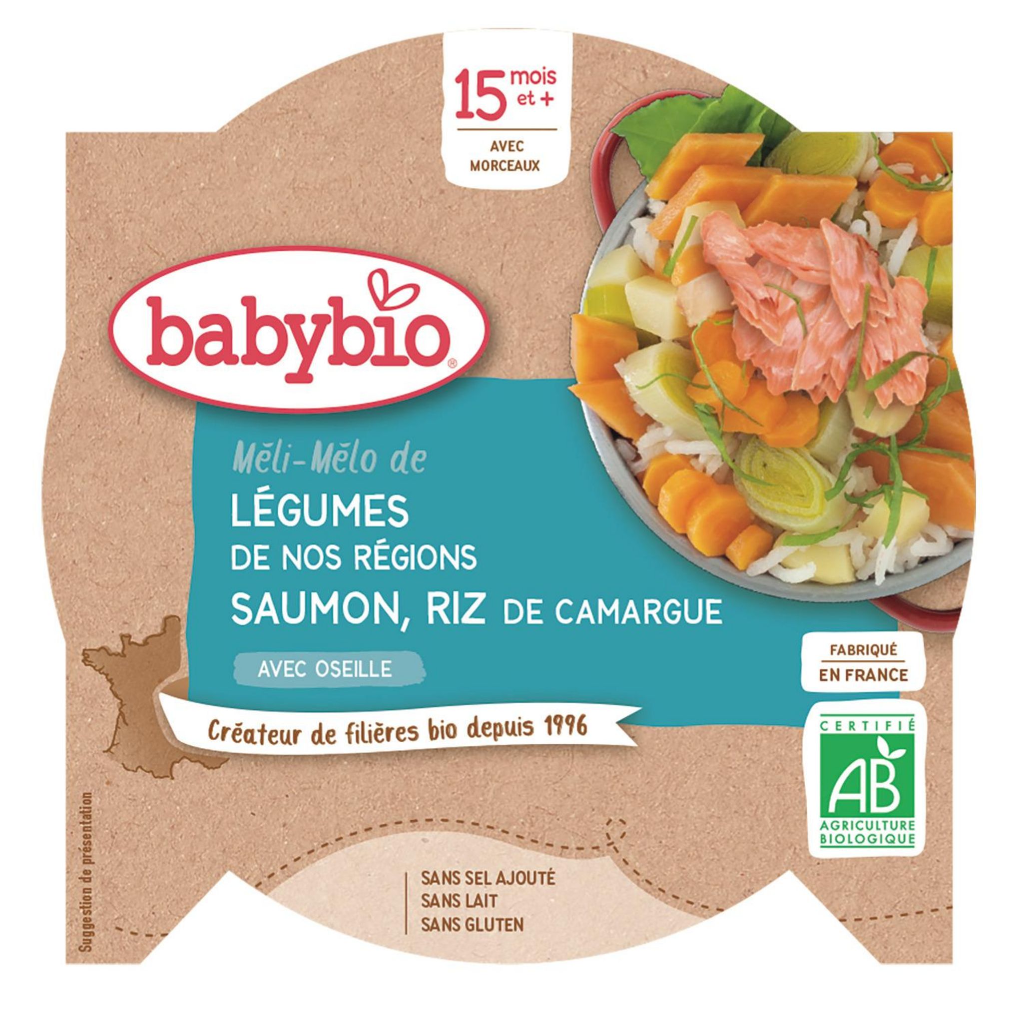 Voir la diapositive 2 : BABYBIO Assiette méli mélo de légumes riz bio au saumon dès 15 mois 260g
