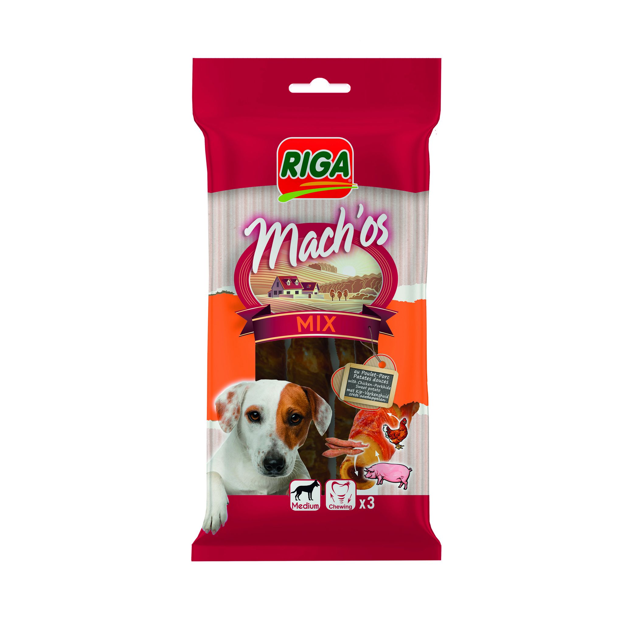 RIGA Macho's mix os à mâcher au poulet porc patates douces pour chien moyen 3 pièces 90g