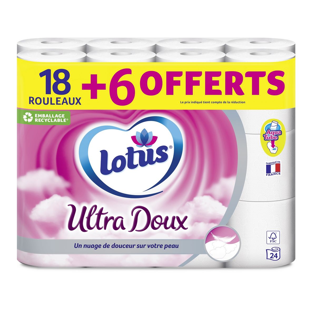 LOTUS Papier toilette blanc aquatube confort 18 rouleaux +6 offerts