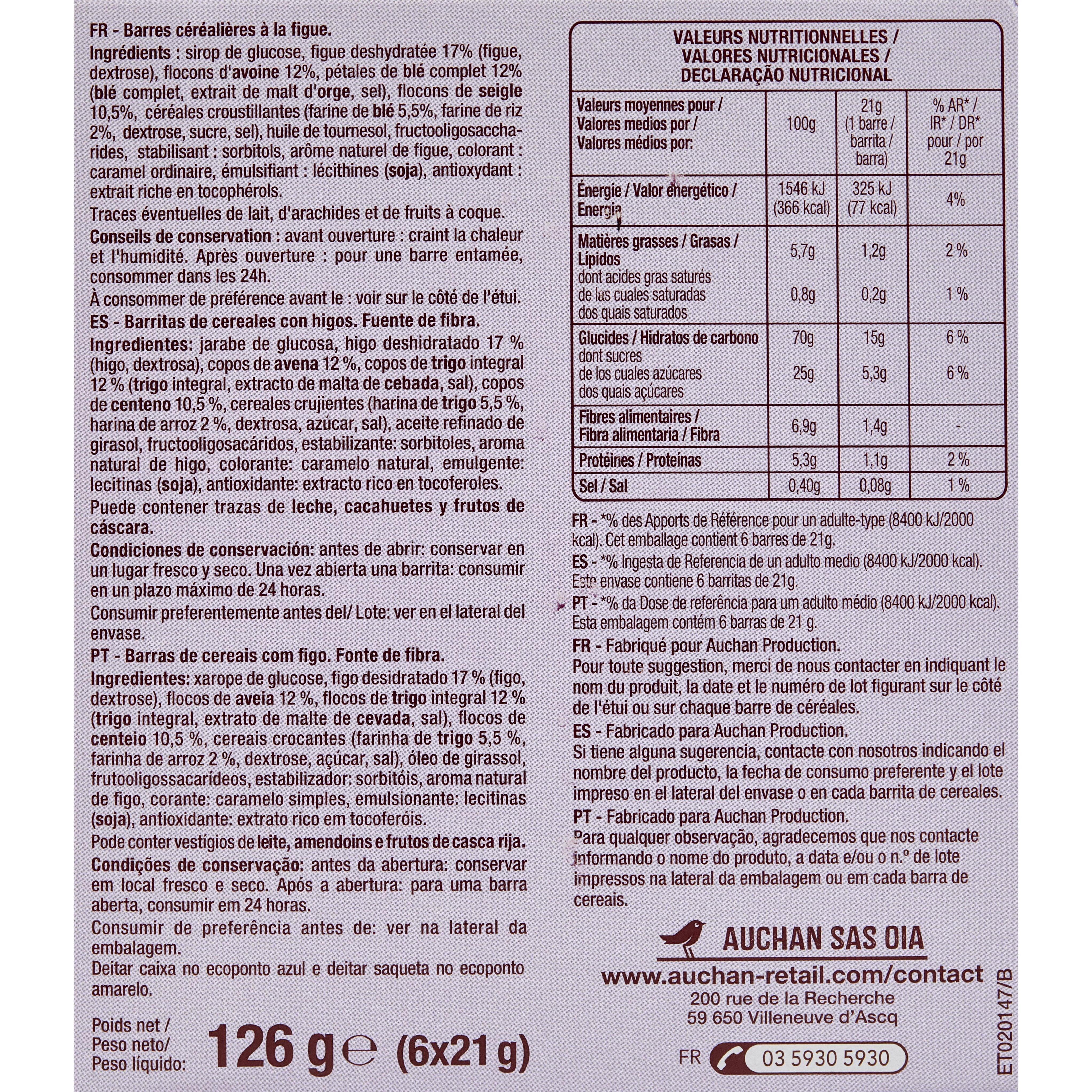 Voir la diapositive 4 : AUCHAN Crousty barres de céréales à la figue 6 barres 126g