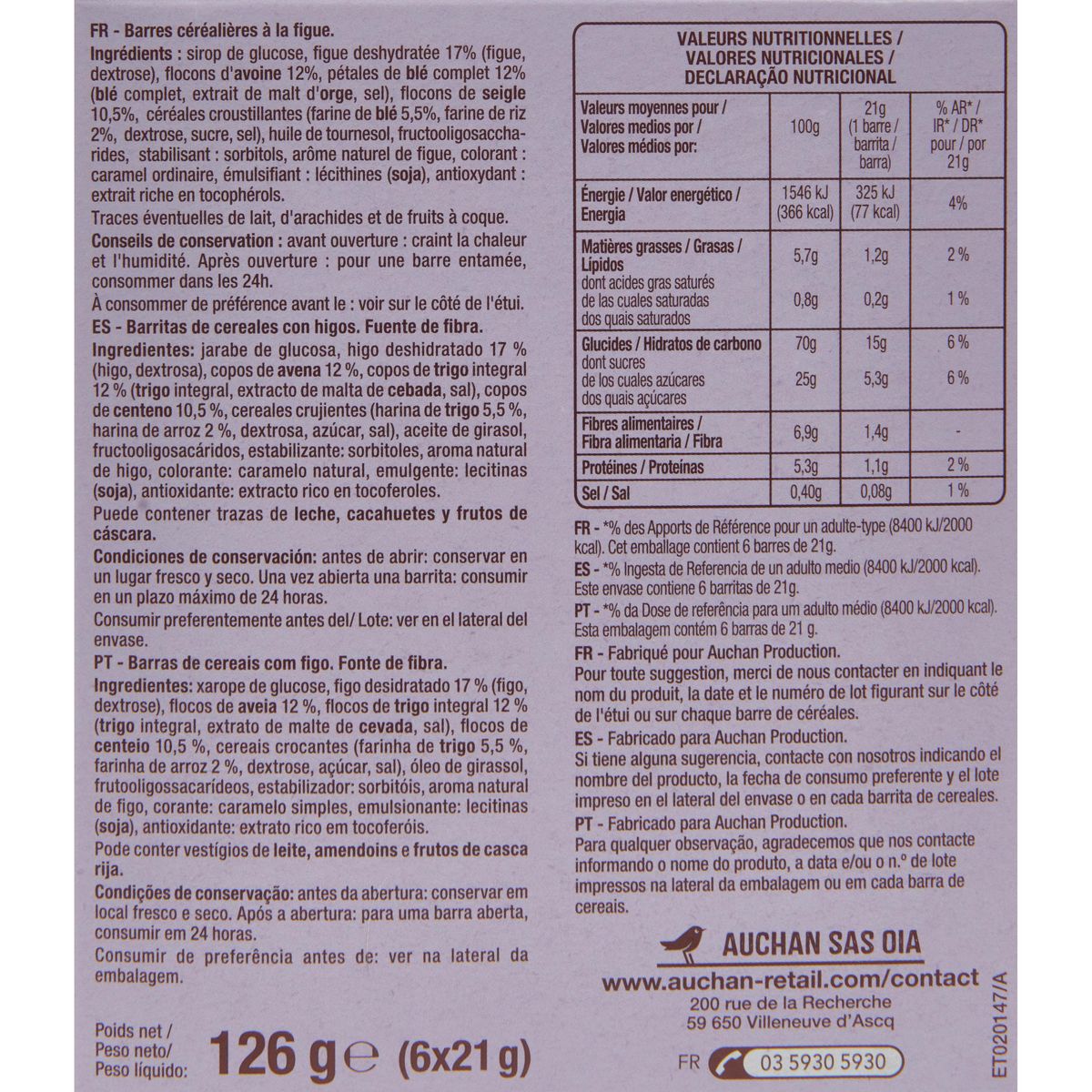 AUCHAN Crousty barres de céréales à la figue 6 barres 126g