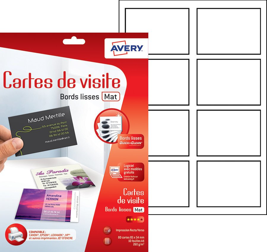 Voir la diapositive 2 : AVERY Cartes de visite mates à bords lisses C32015-5