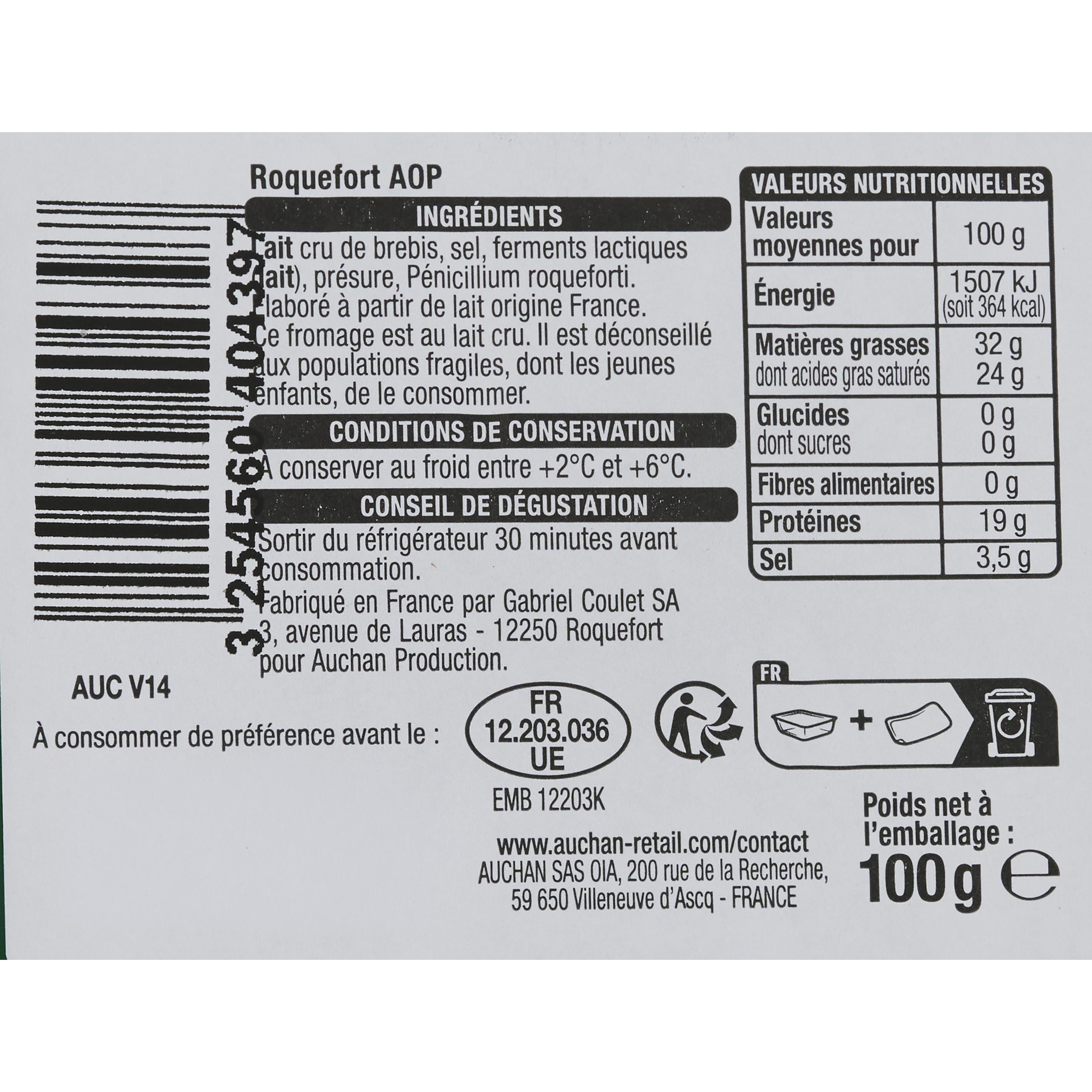 Voir la diapositive 2 : AUCHAN CULTIVONS LE BON Roquefort AOP 100g