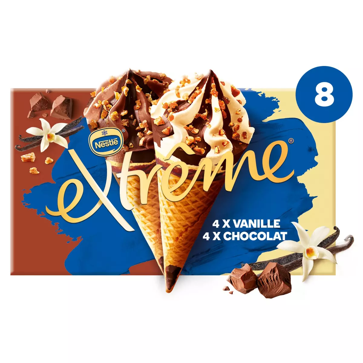 EXTREME Cône glacé vanille et vanille chocolat 8 pièces 544g