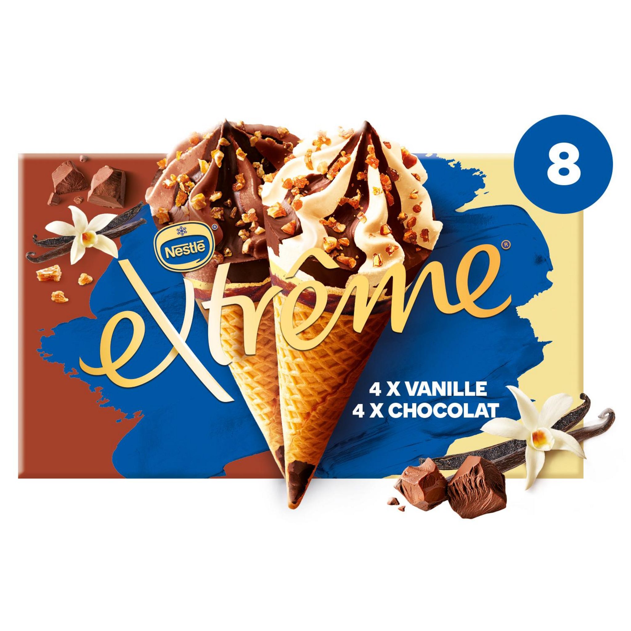 Voir la diapositive 2 : EXTREME Cônes glacés vanille nougatine et chocolat vanille nougatine 8 pièces 544g