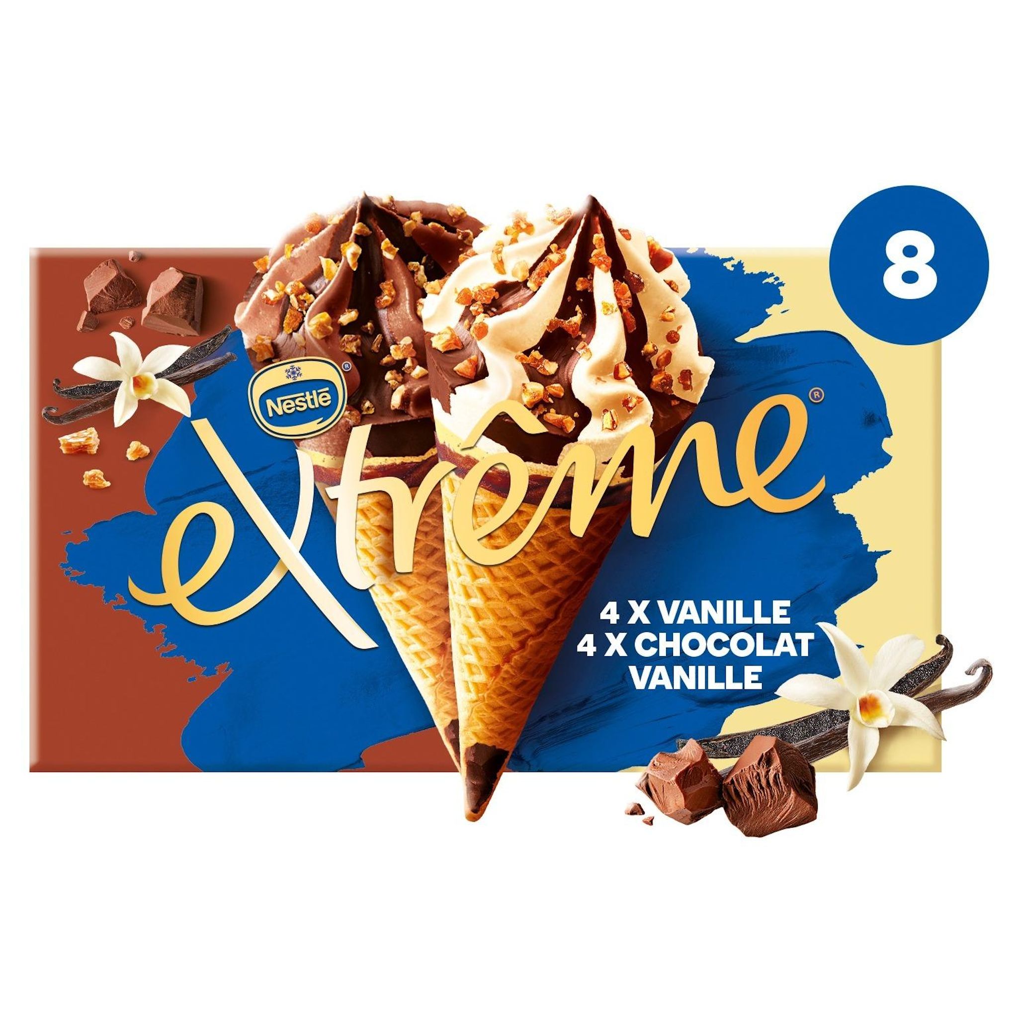 Voir la diapositive 3 : EXTREME Cônes glacés vanille nougatine et chocolat vanille nougatine 8 pièces 544g