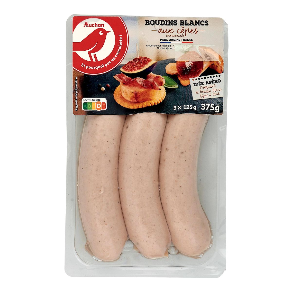 AUCHAN Boudin blanc aux cèpes 3 pièces 375g