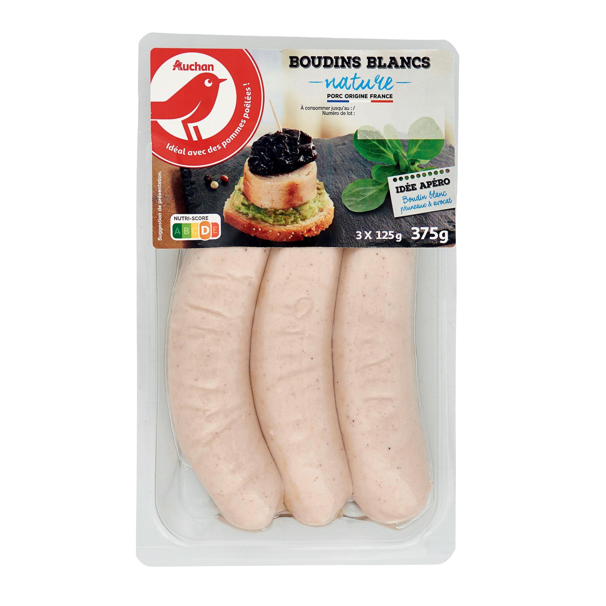 Voir la diapositive 3 : AUCHAN Boudins blancs nature 3 pièces 3x125g