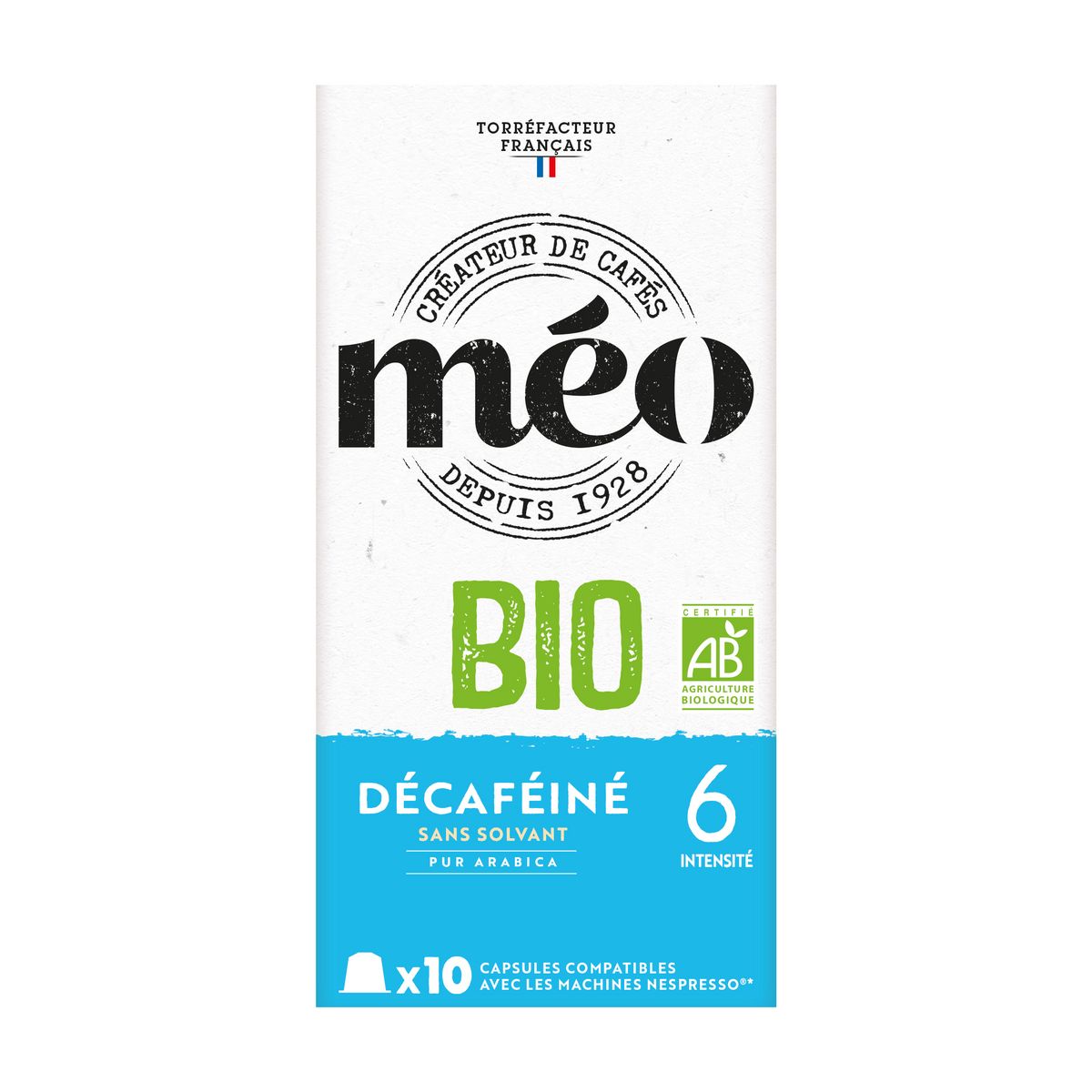 MEO Capsules de café décaféiné bio intensité 6 compatibles Nespresso 10 capsules 53g