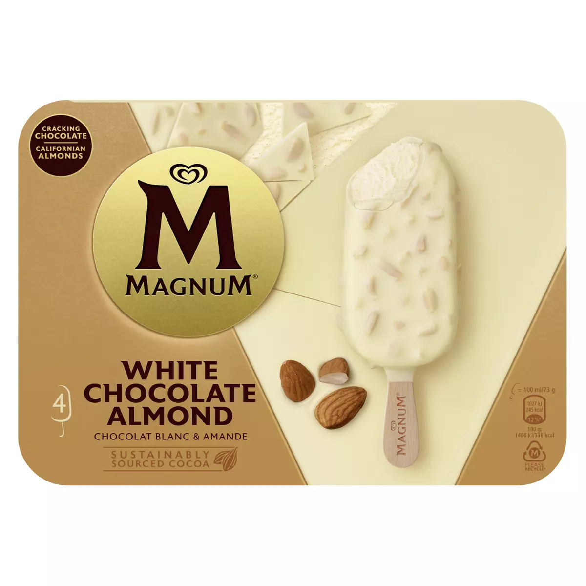 MAGNUM Bâtonnet glacé vanille enrobé de chocolat blanc amande 4 pièces 320g