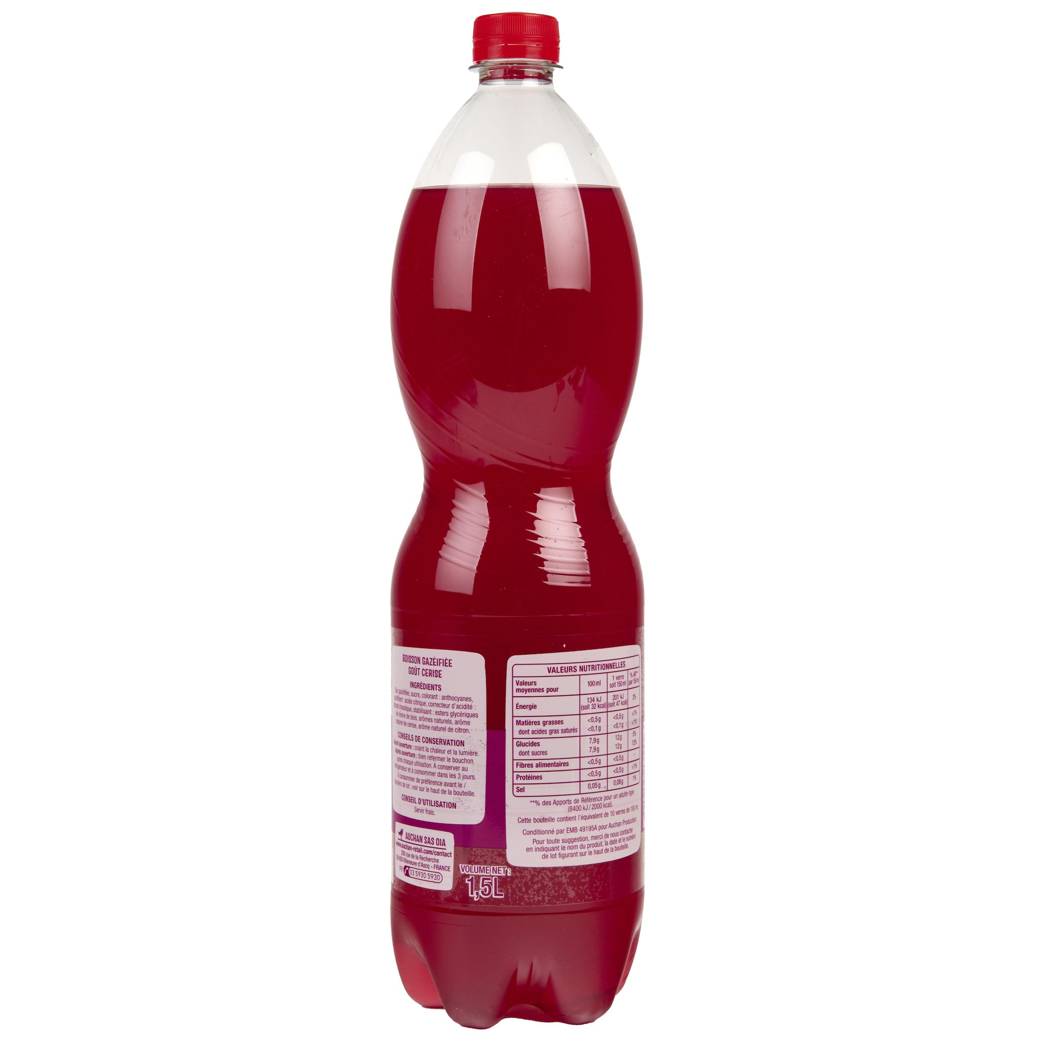 Voir la diapositive 2 : AUCHAN Boisson gazeuse goût cerise 1,5l