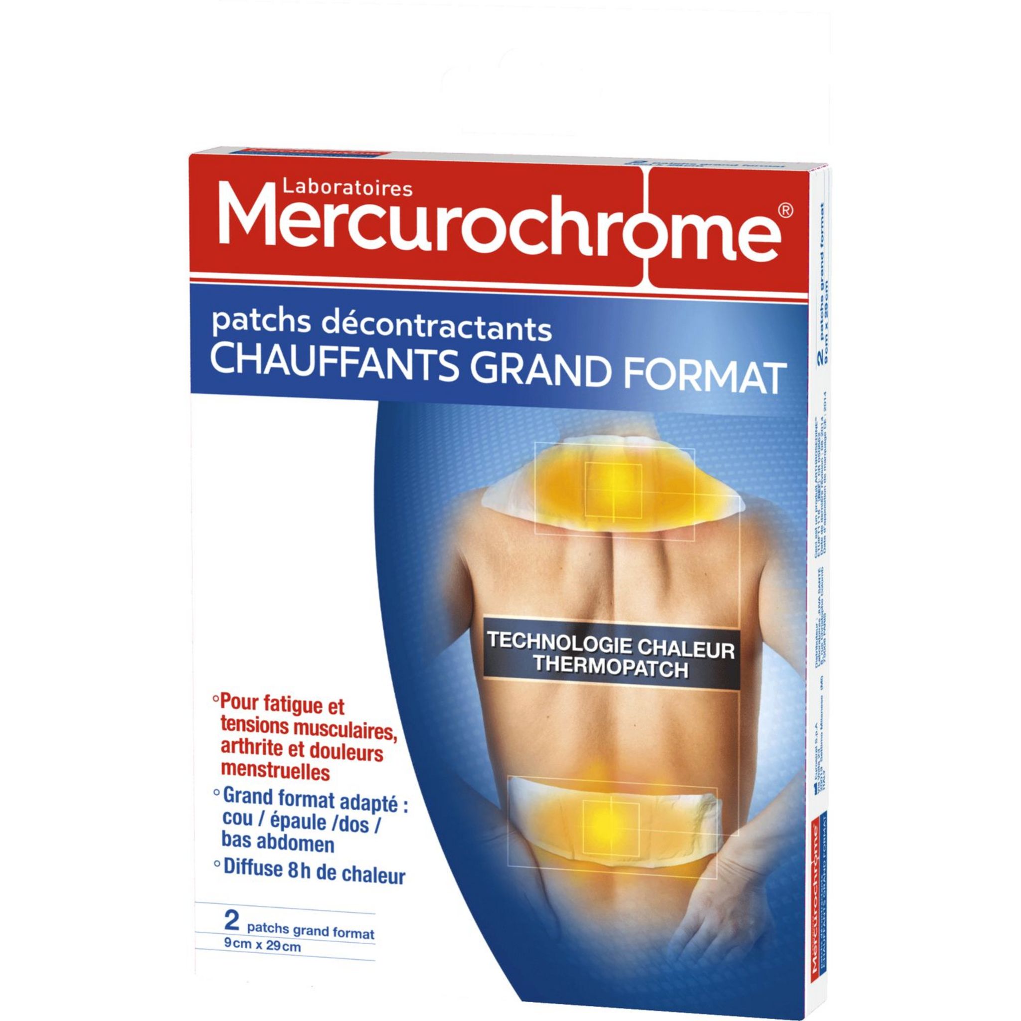 Voir la diapositive 2 : MERCUROCHROME Patchs décontractants chauffants grands format 9cmx29cm 2 patchs