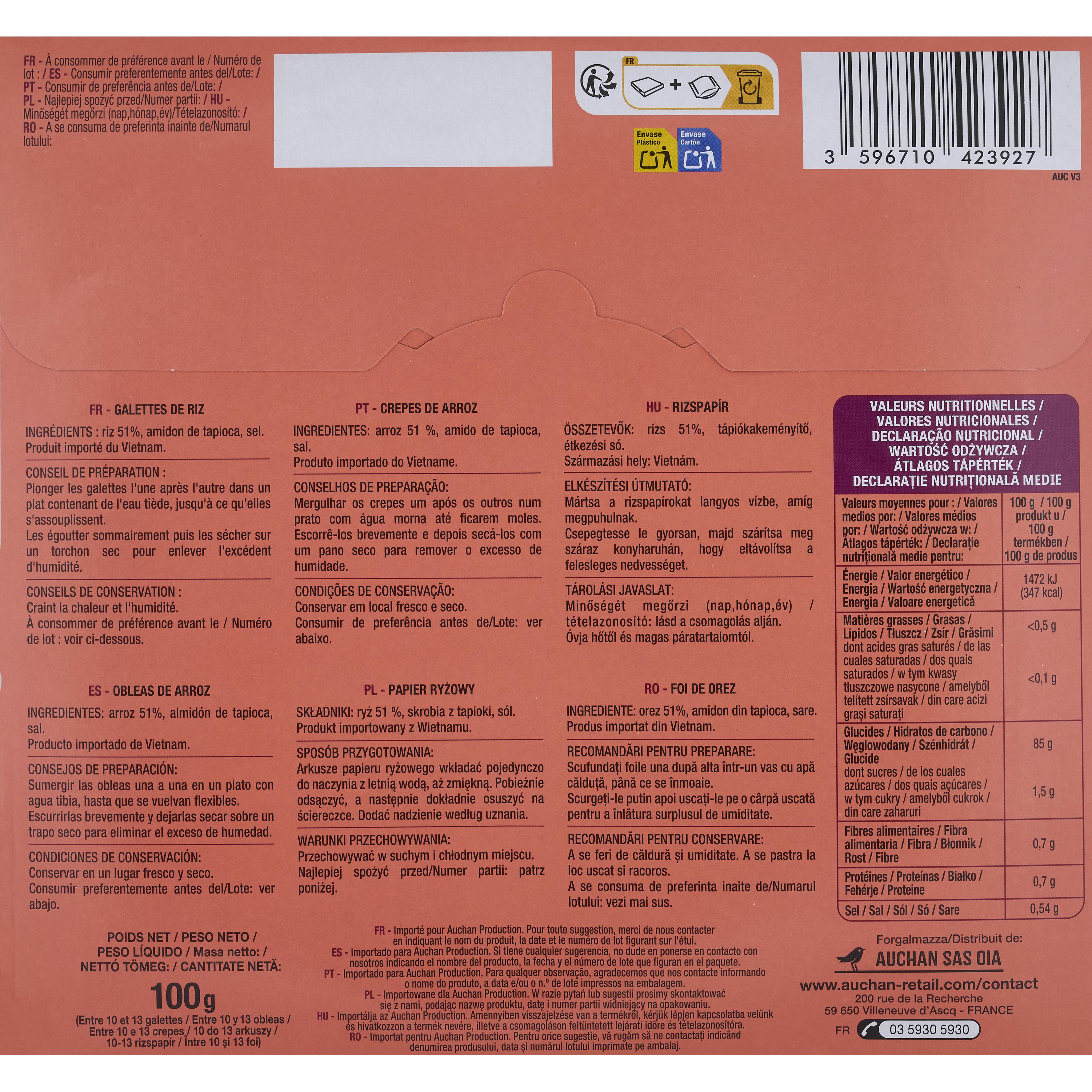 Voir la diapositive 3 : AUCHAN Galettes de riz 9-11 galettes 100g