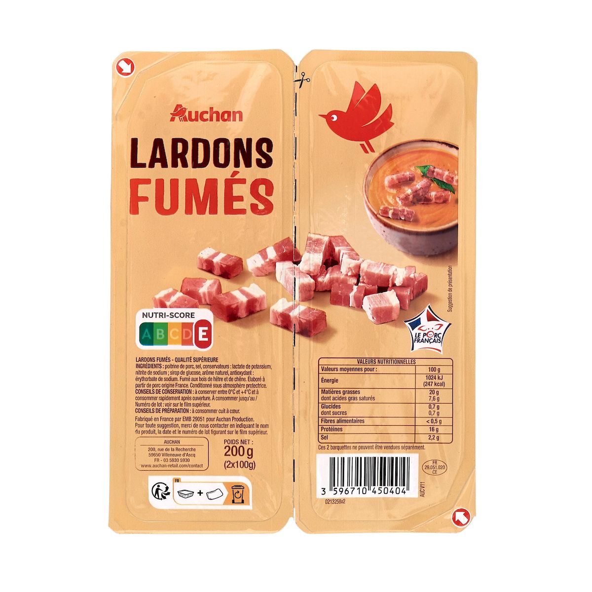 AUCHAN Lardons fumés 2x100g