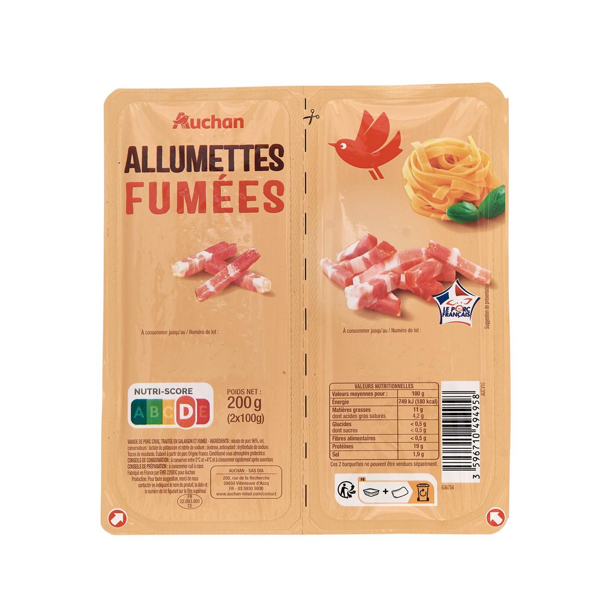 AUCHAN Allumettes fumées 2x100g