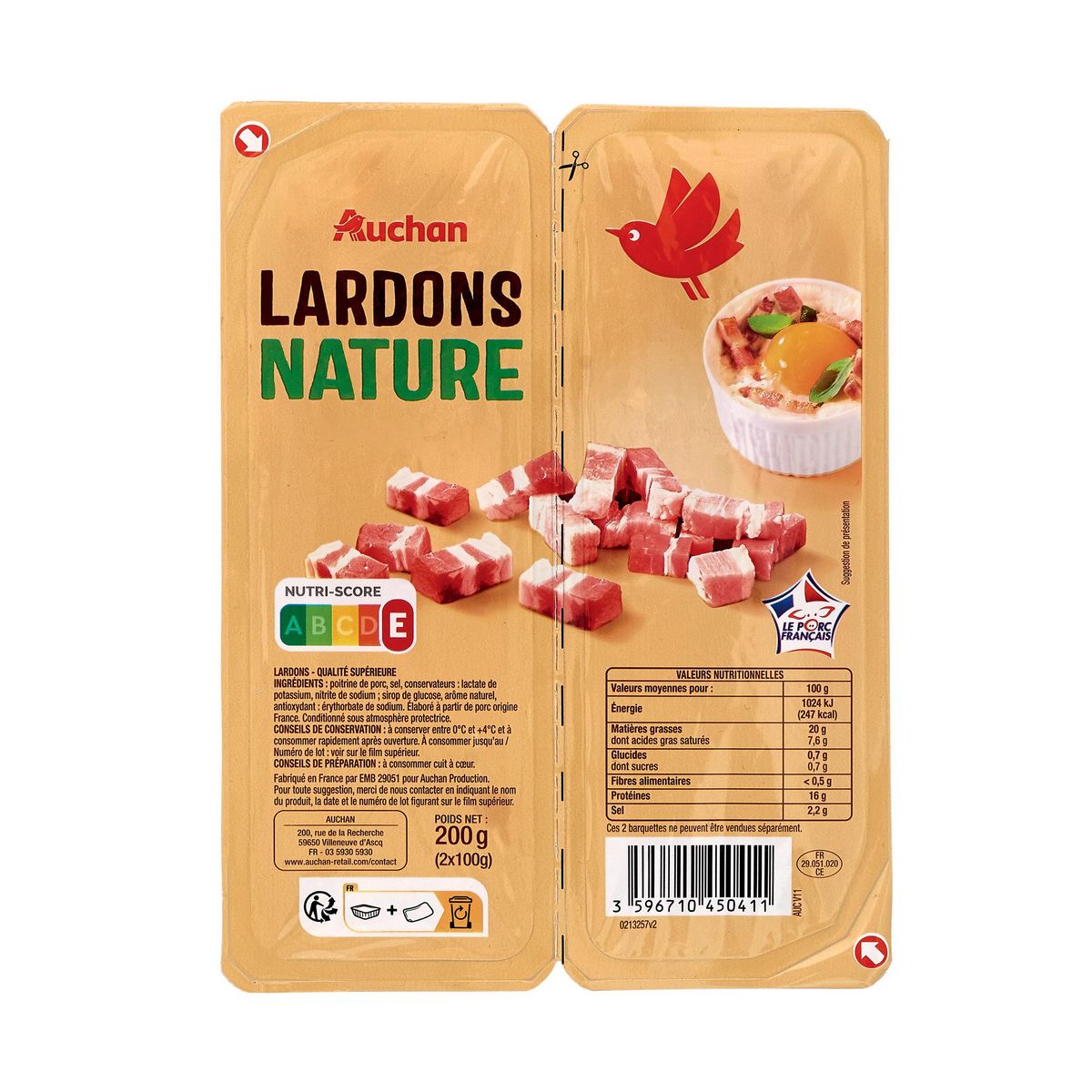 AUCHAN Lardons nature 2x100g