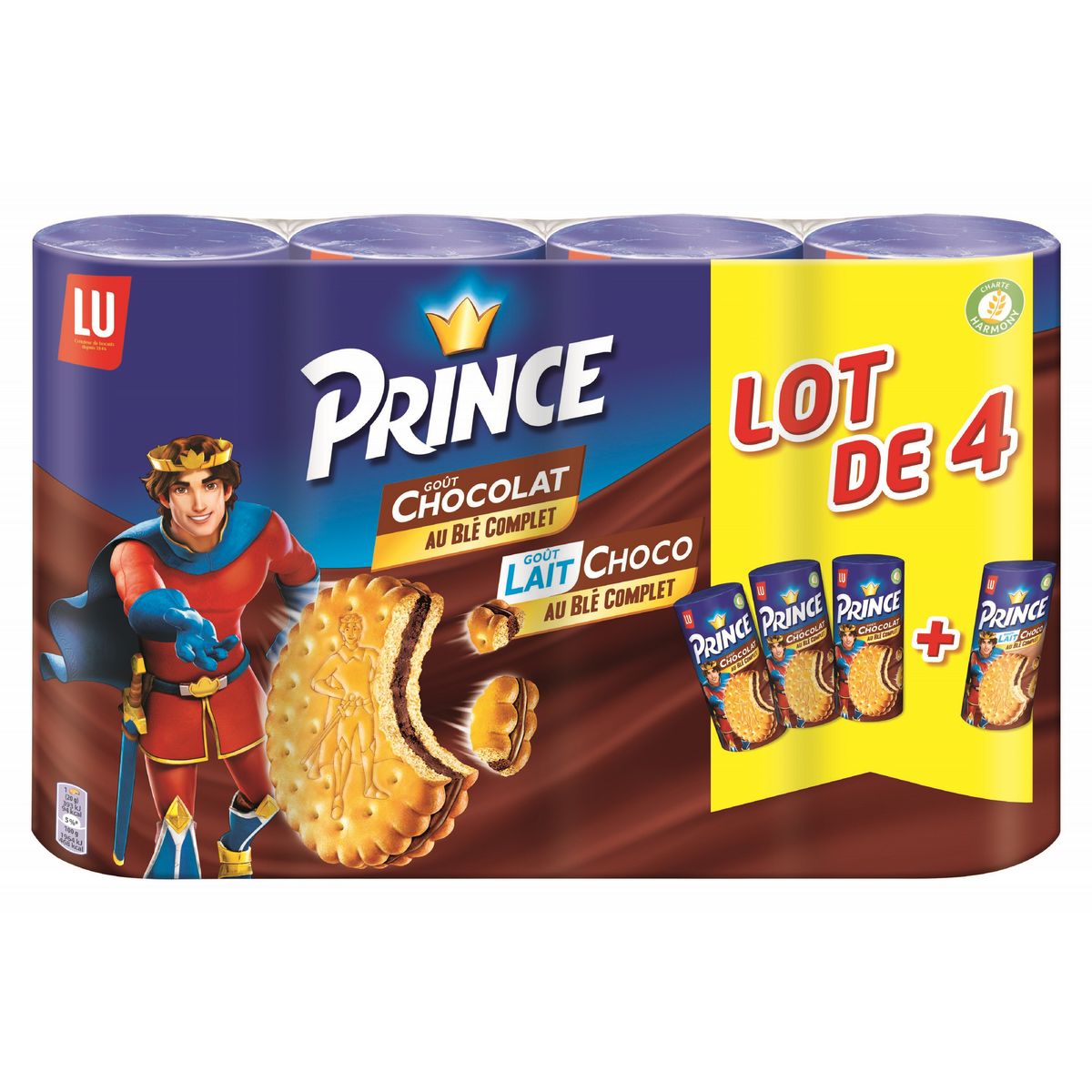 PRINCE Biscuits fourrés goût chocolat et lait chocolat 4x300g