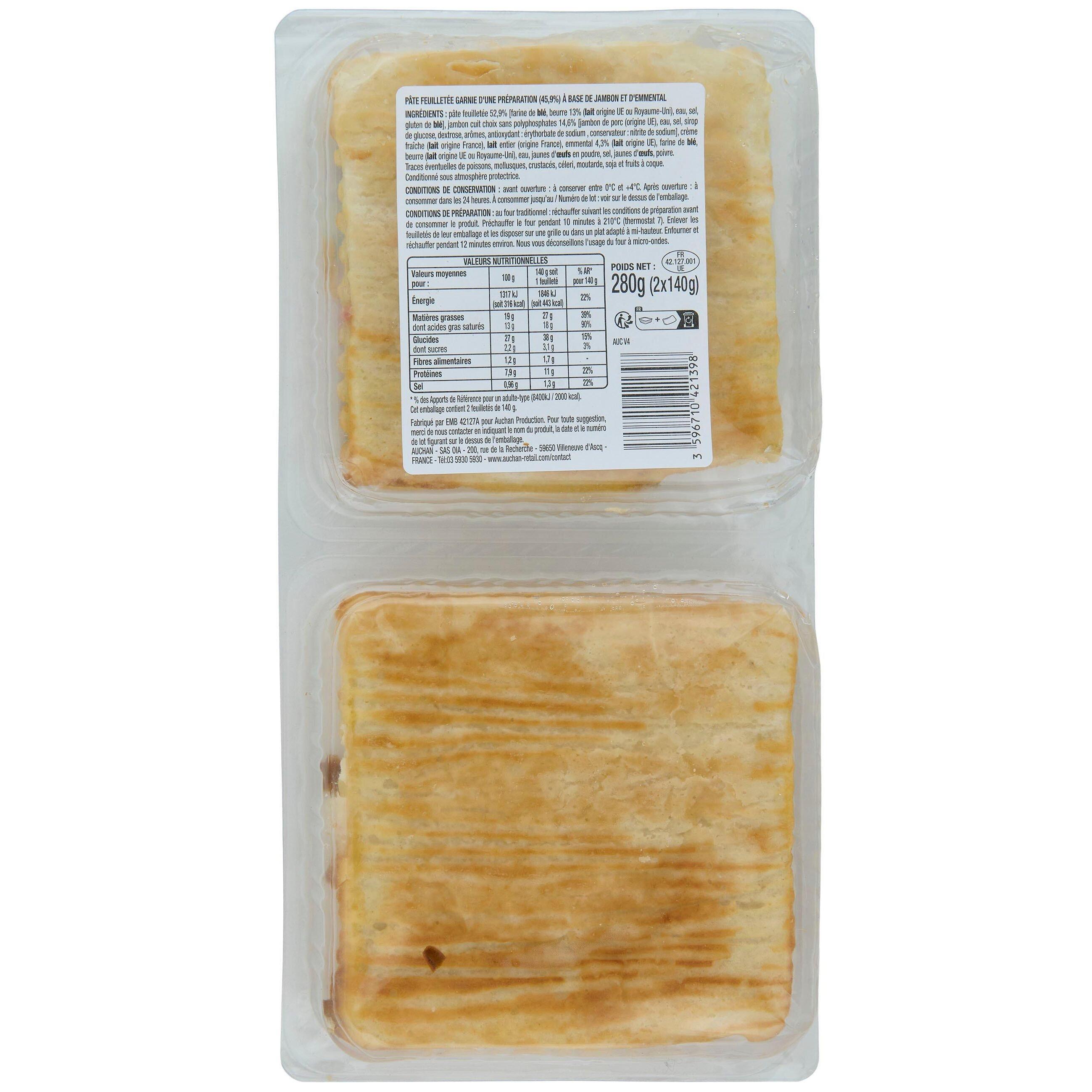 Voir la diapositive 3 : AUCHAN Feuilleté au jambon et à l'emmental 2 pièces 280g