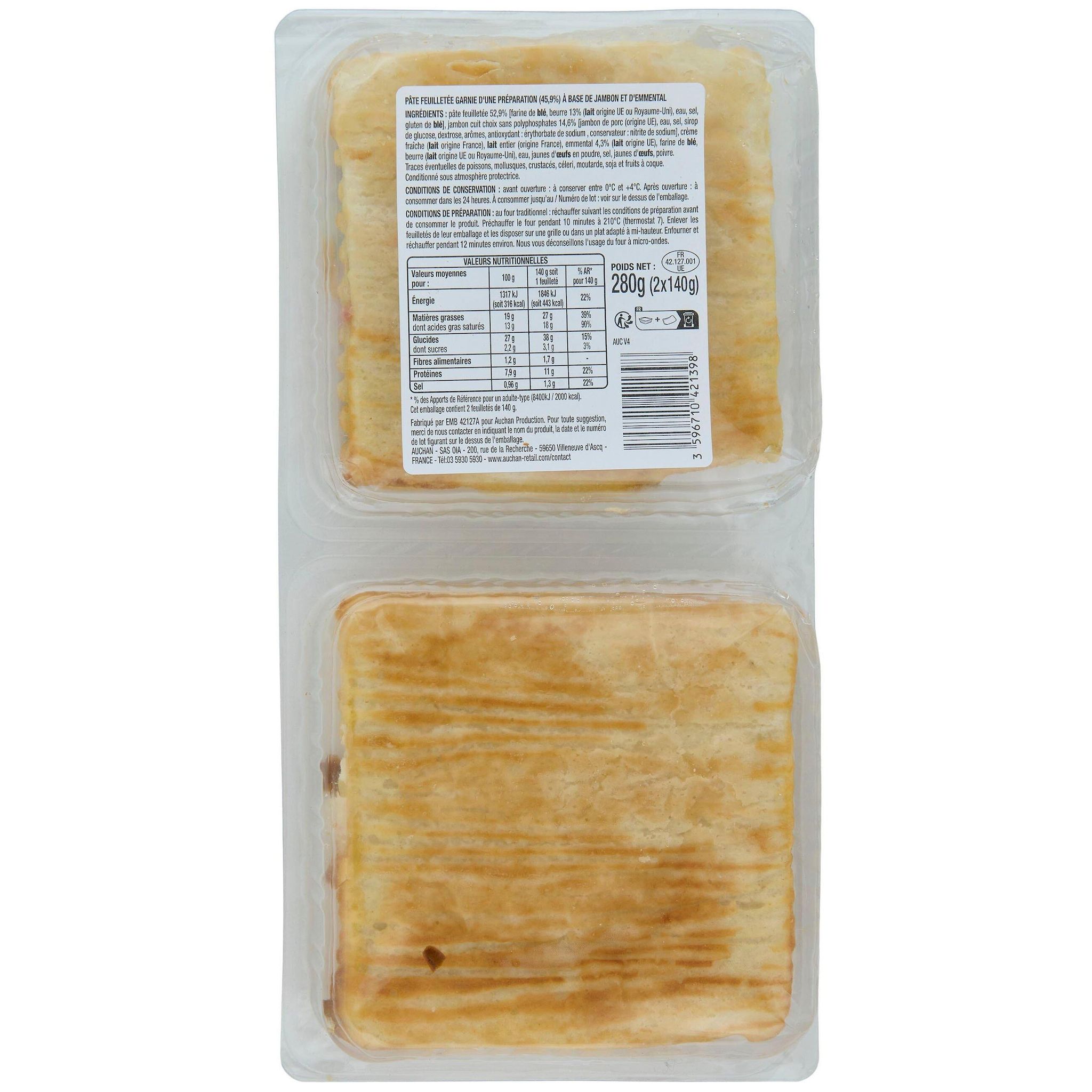 Voir la diapositive 3 : AUCHAN Feuilleté au jambon et à l'emmental 2 pièces 280g