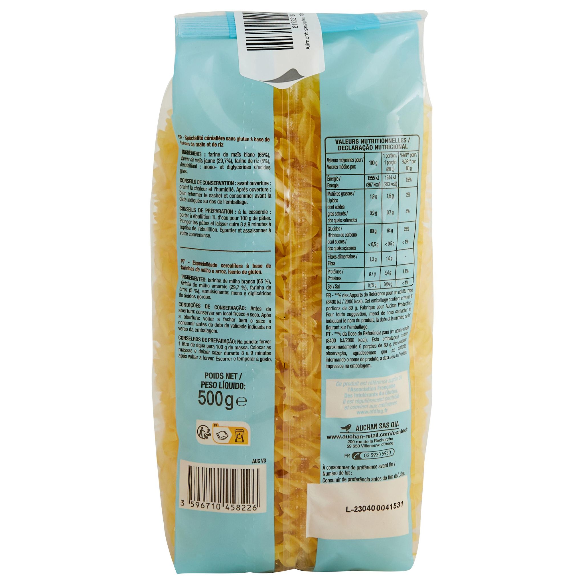 Voir la diapositive 2 : AUCHAN Fusilli sans gluten 500g
