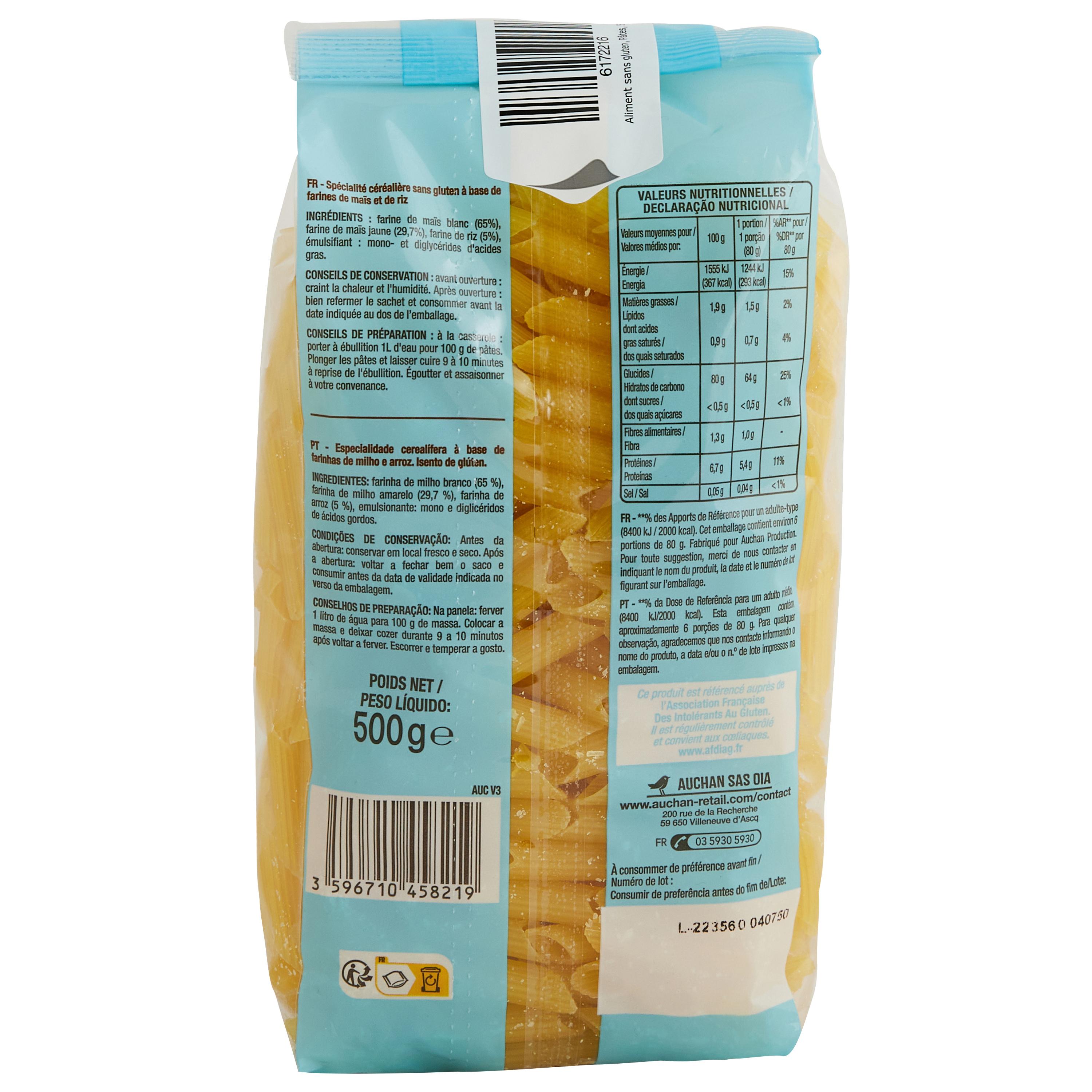 Voir la diapositive 3 : AUCHAN Penne de maïs et riz sans gluten 500g