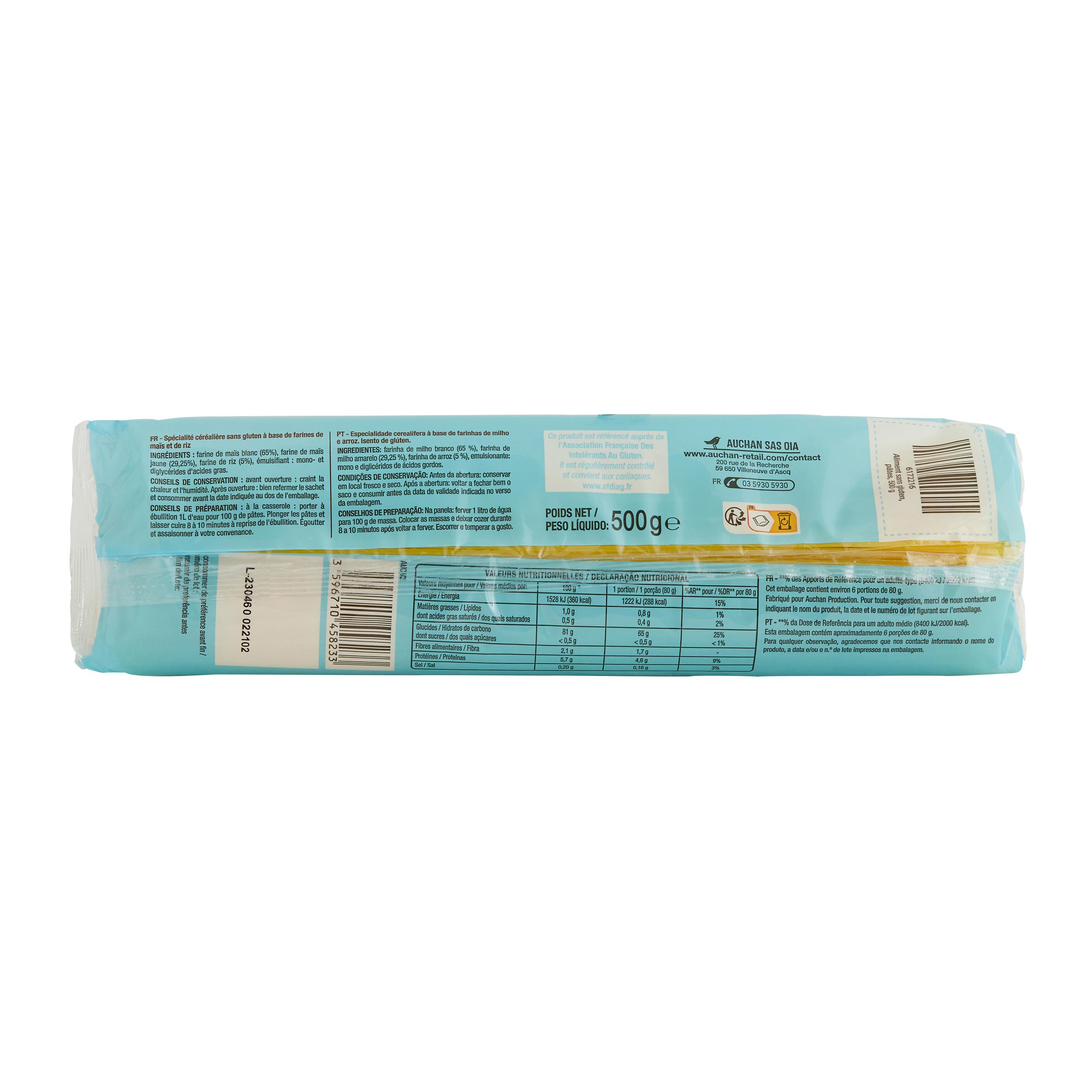 Voir la diapositive 2 : AUCHAN Spaghetti de maïs et riz sans gluten 500g
