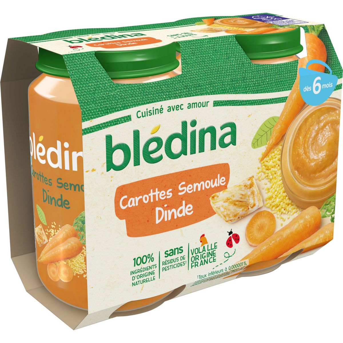 BLEDINA Petit pot carottes semoule et dinde dès 6 mois 2x200g