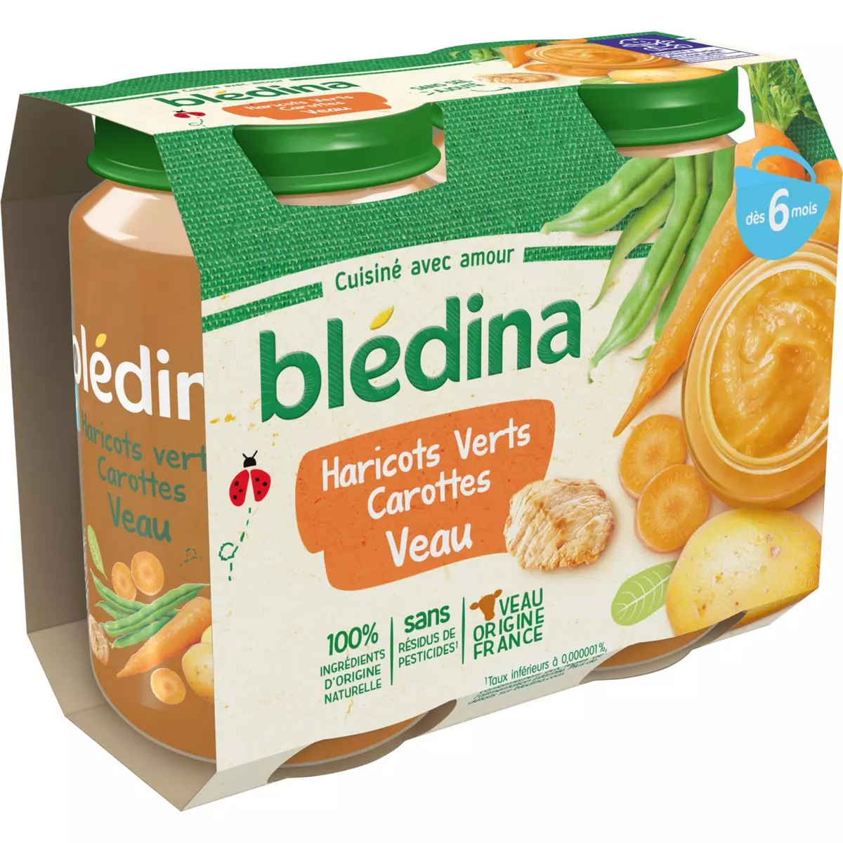 BLEDINA Petit pot haricots verts carottes veau dès 6 mois 2x200g