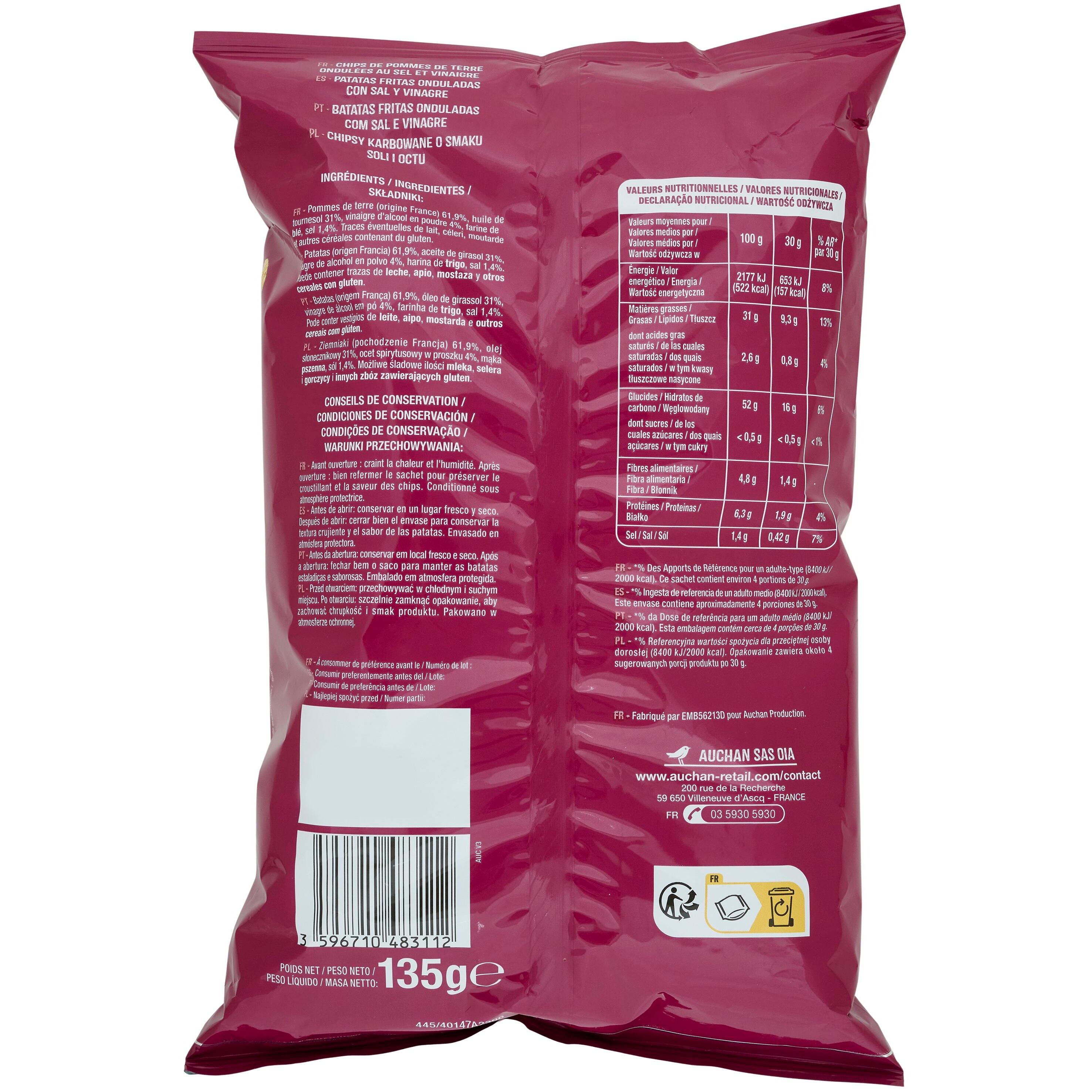 Voir la diapositive 2 : AUCHAN Chips ondulées saveur sel et vinaigre 135g