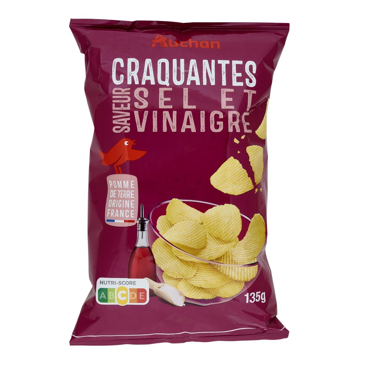 AUCHAN Chips ondulées saveur sel et vinaigre 135g