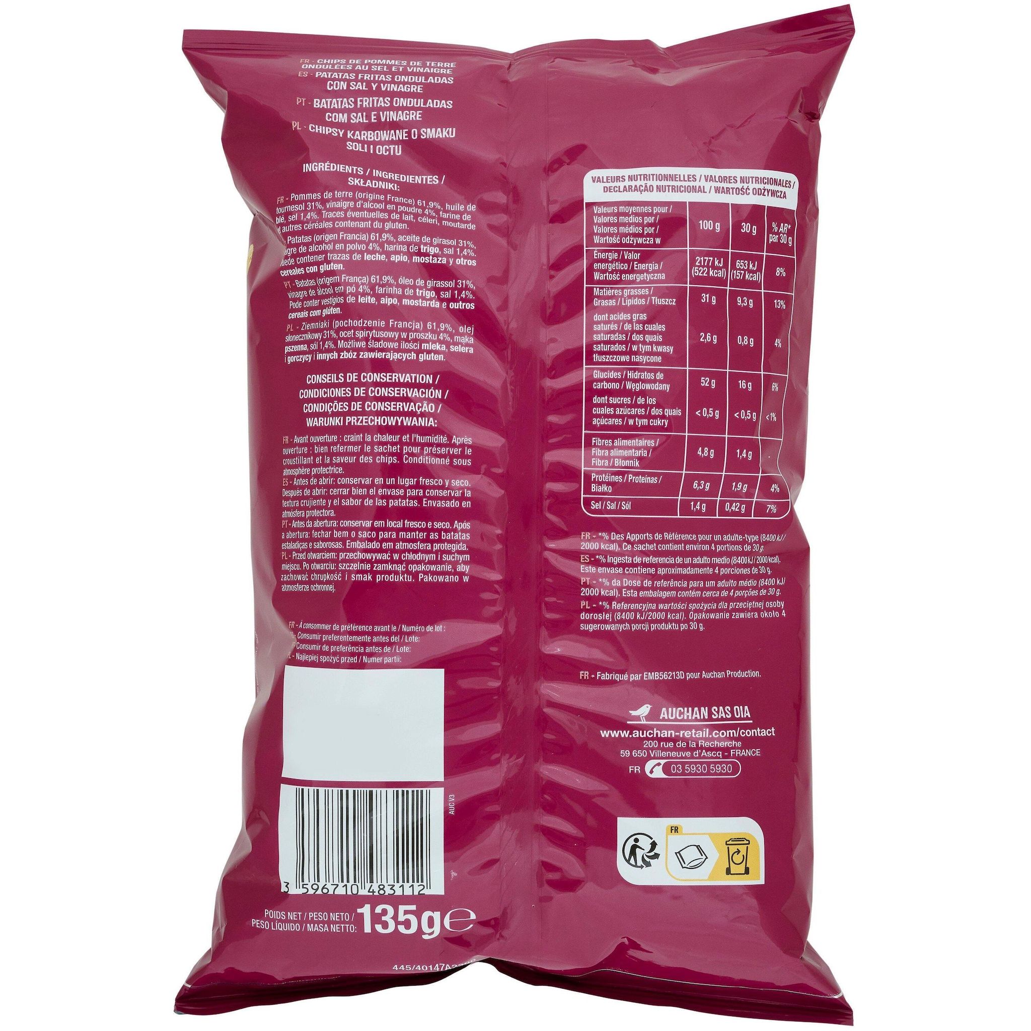 Voir la diapositive 3 : AUCHAN Chips ondulées saveur sel et vinaigre 135g