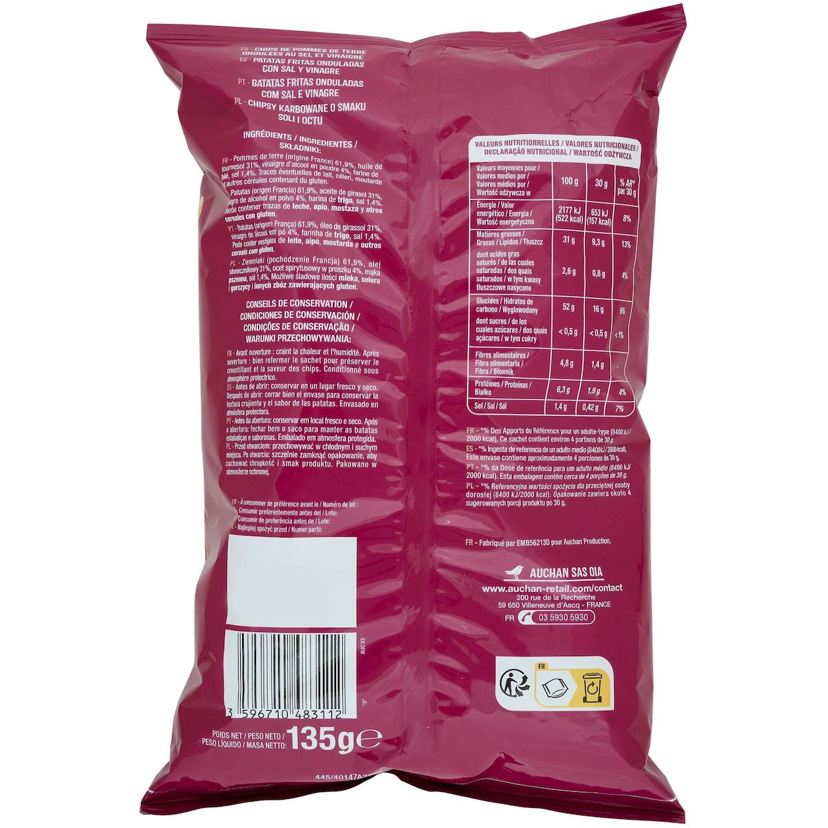 AUCHAN Chips ondulées saveur sel et vinaigre 135g