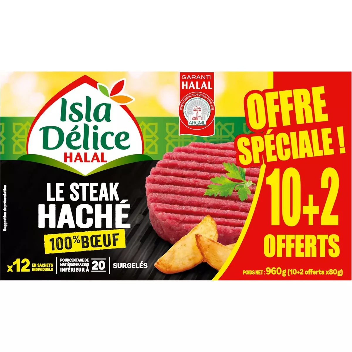 ISLA DELICE Steaks hachés 100% bœuf halal 10+2 offerts  960g