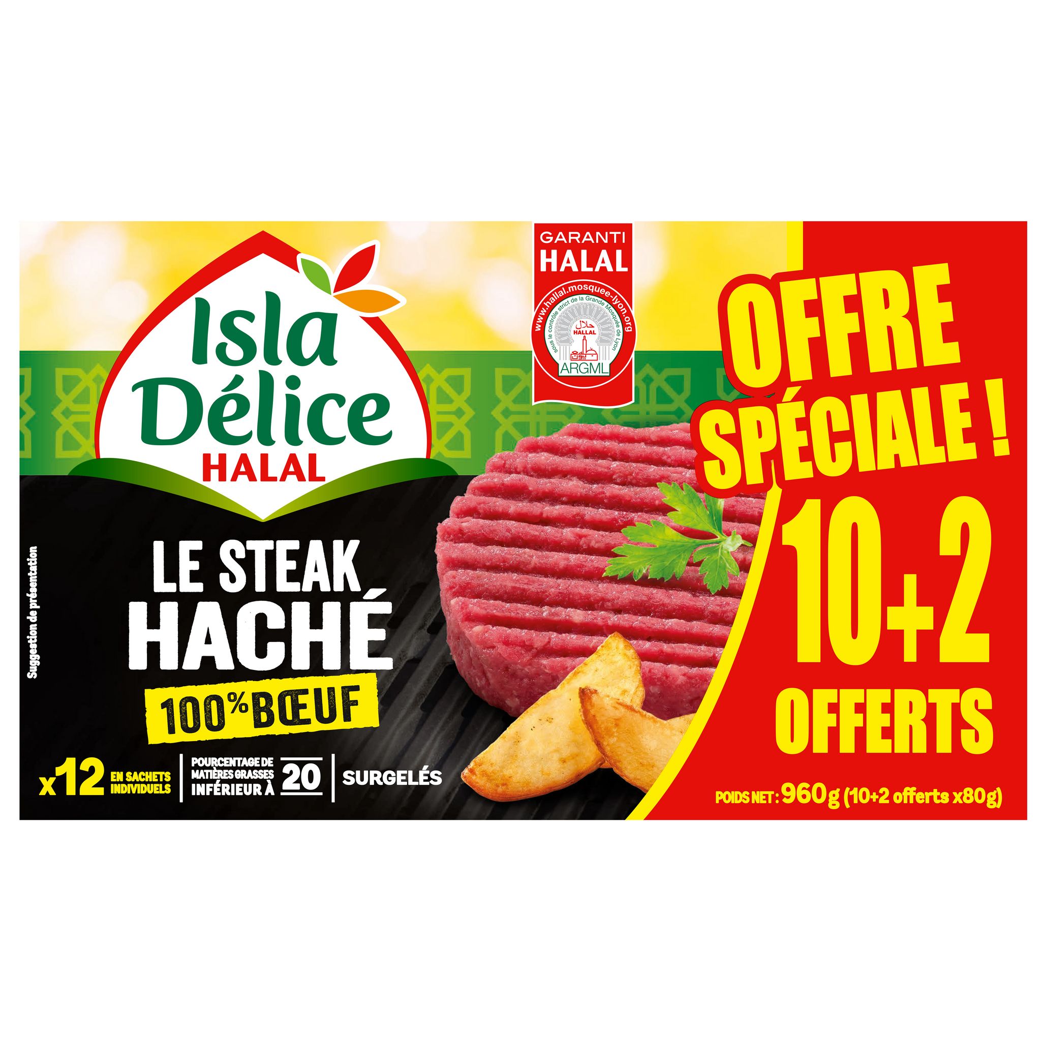 Voir la diapositive 2 : ISLA DELICE Steaks hachés 100% bœuf halal 10+2 offerts  960g