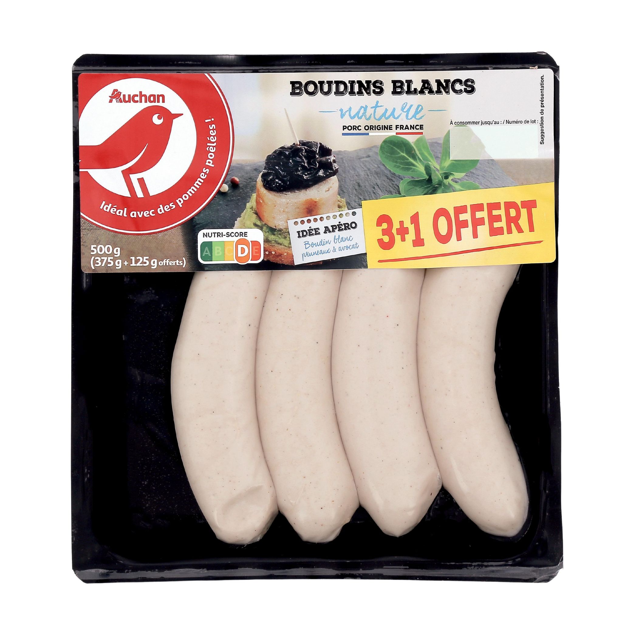 Voir la diapositive 2 : AUCHAN Boudins blancs nature 3+1 pièce offert 500g