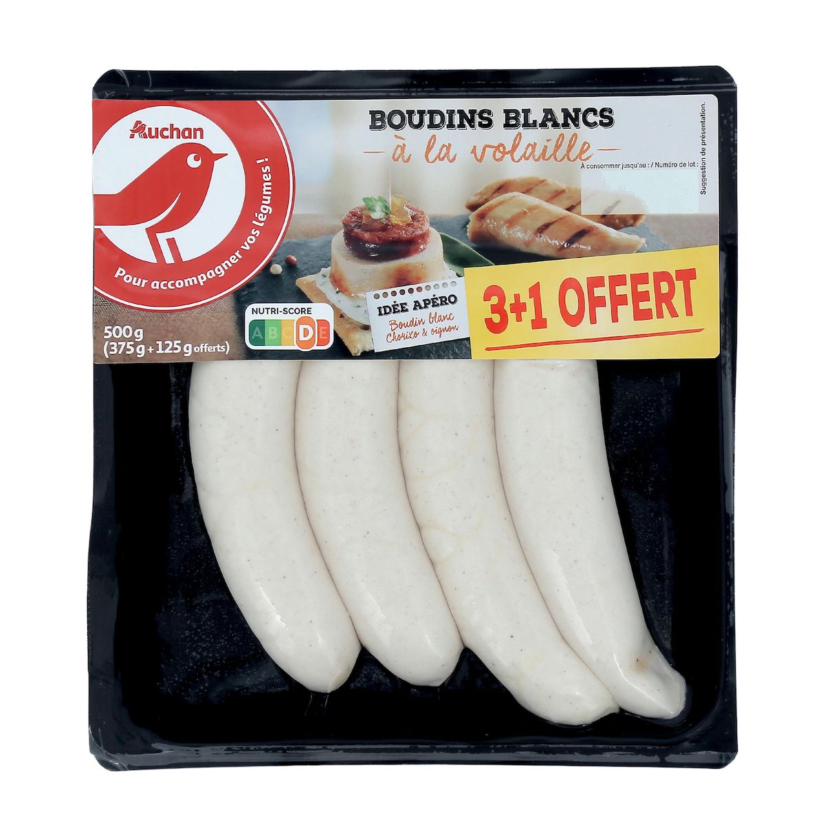 AUCHAN Boudins blancs à la volaille 3 pièces +1 offerte 500g