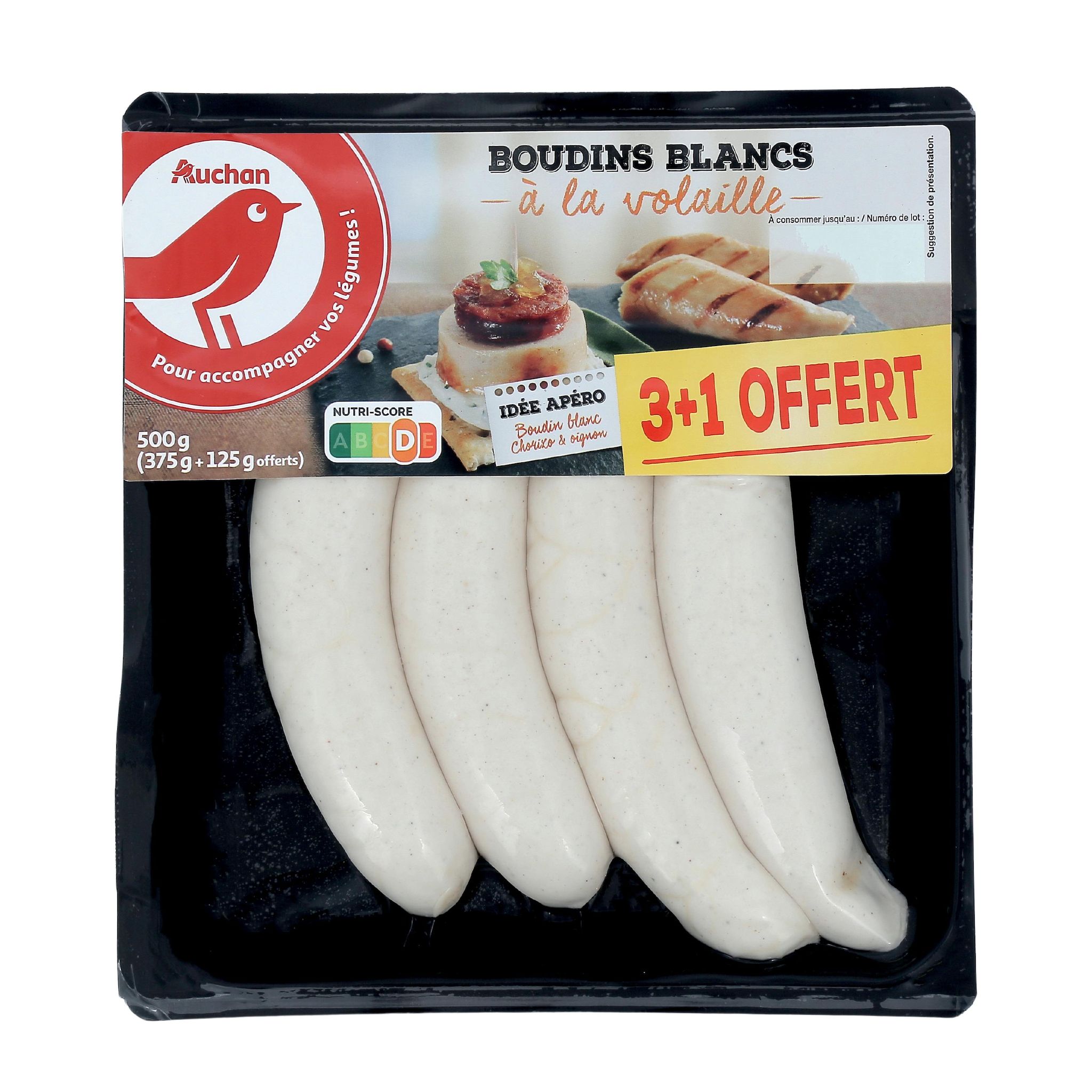 Voir la diapositive 2 : AUCHAN Boudins blancs à la volaille 3 pièces +1 offerte 500g