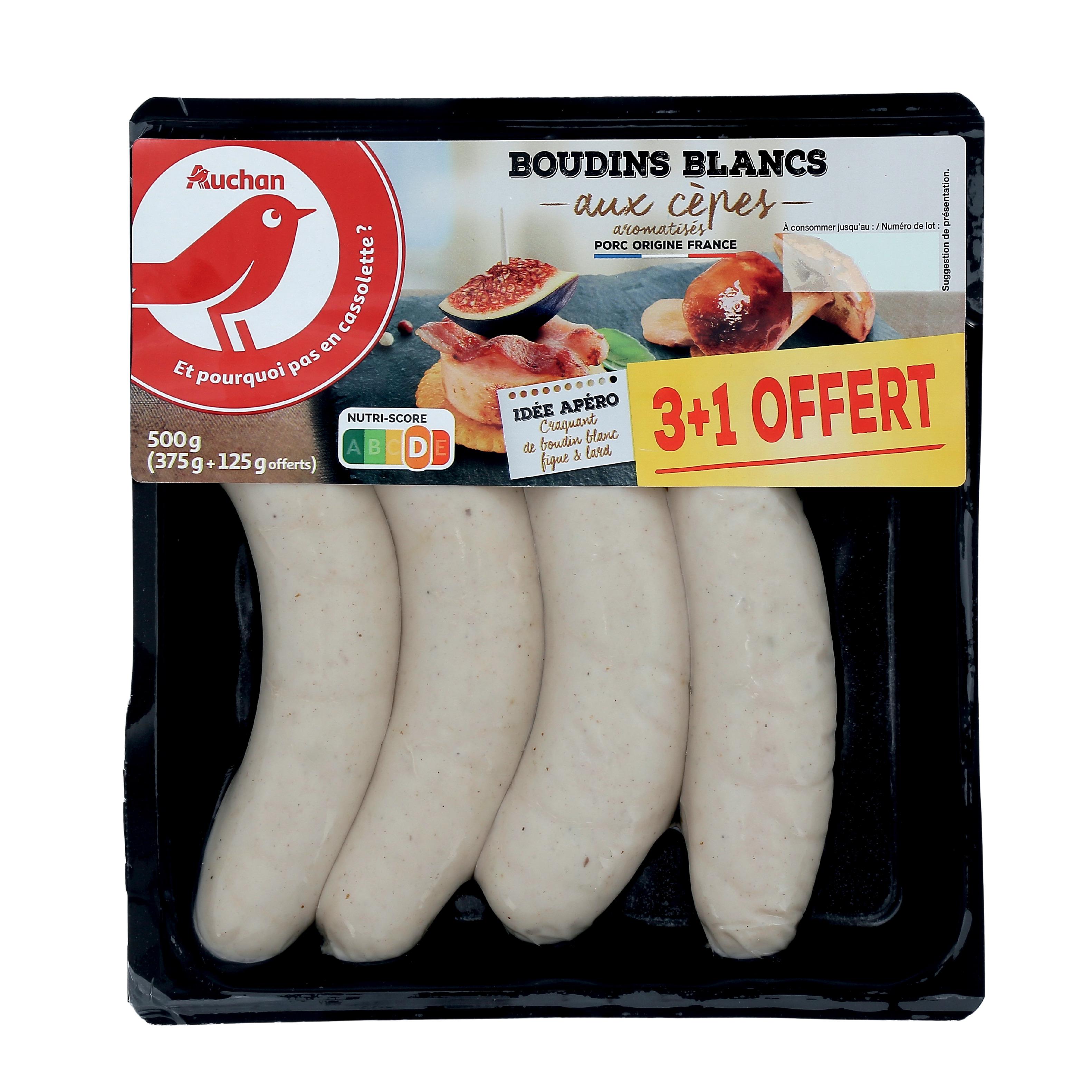 Voir la diapositive 2 : AUCHAN Boudins blancs aux cèpes aromatisés 3+1 offert 500g
