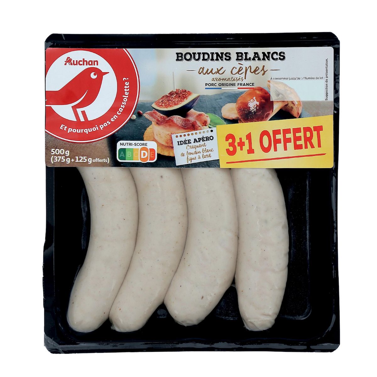 AUCHAN Boudins blancs aux cèpes aromatisés 3+1 offert 500g