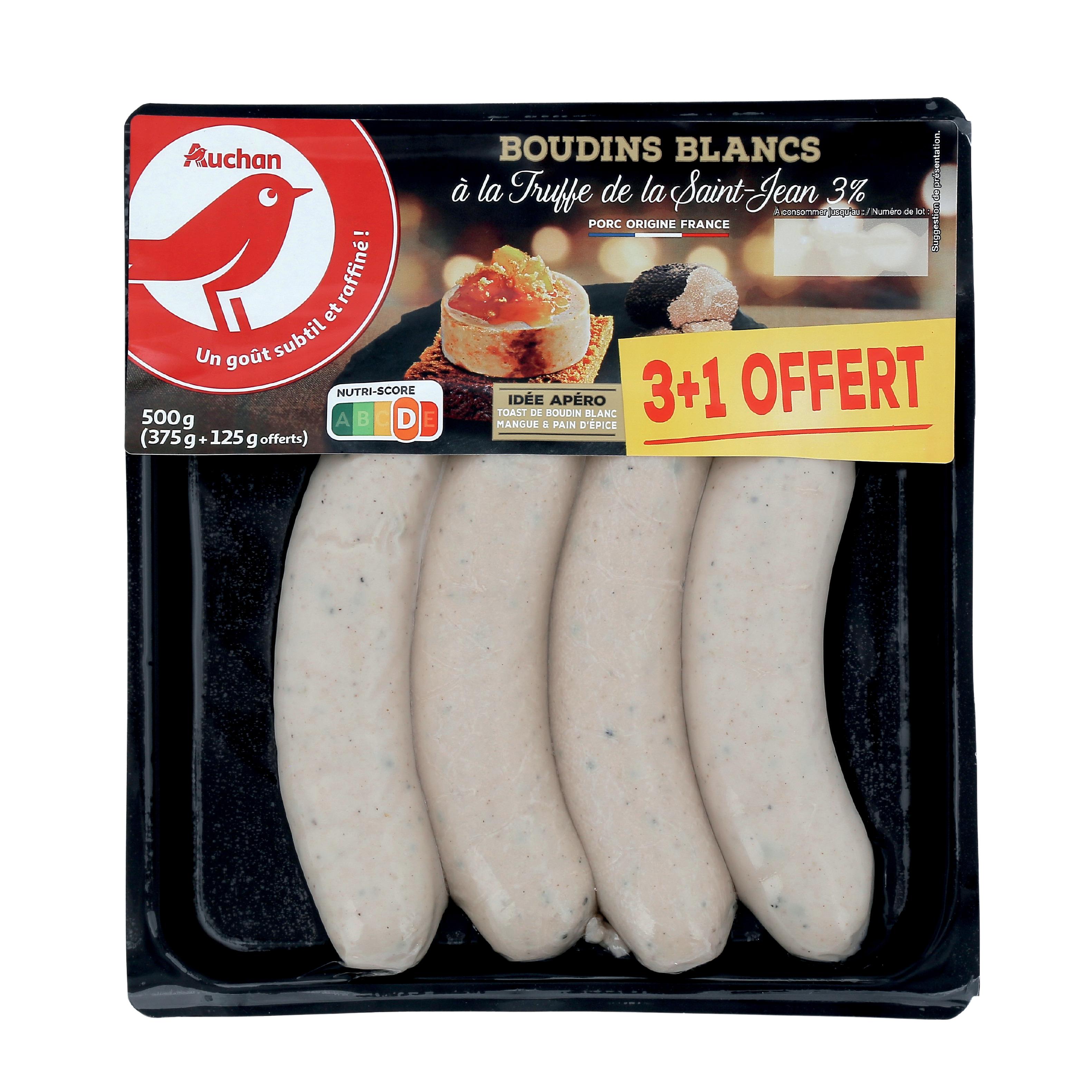 Voir la diapositive 2 : AUCHAN Boudins blancs à la truffe de Saint-Jean 3% 3 pièces +1 offerte 500g