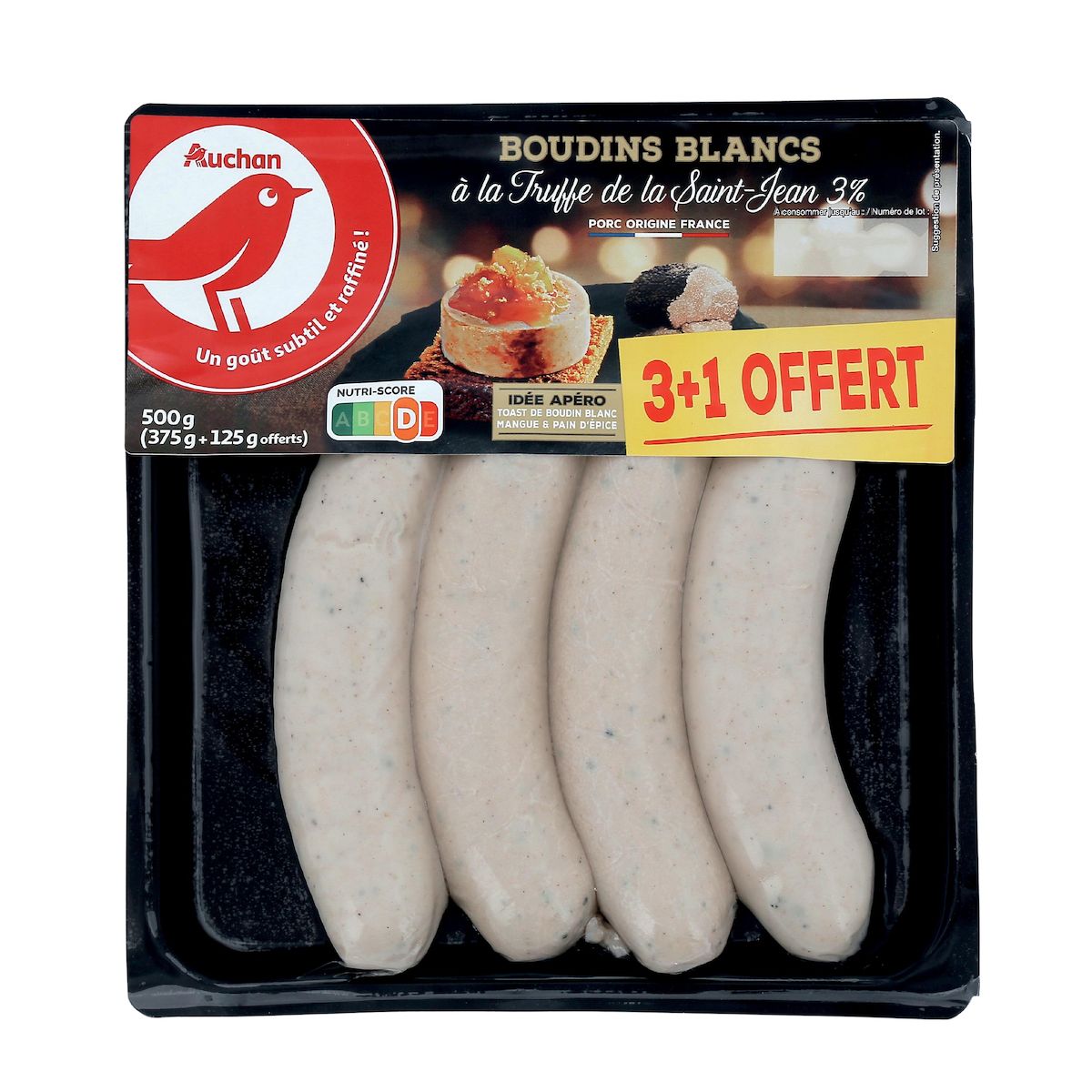AUCHAN Boudins blancs à la truffe de Saint-Jean 3% 3 pièces +1 offerte 500g