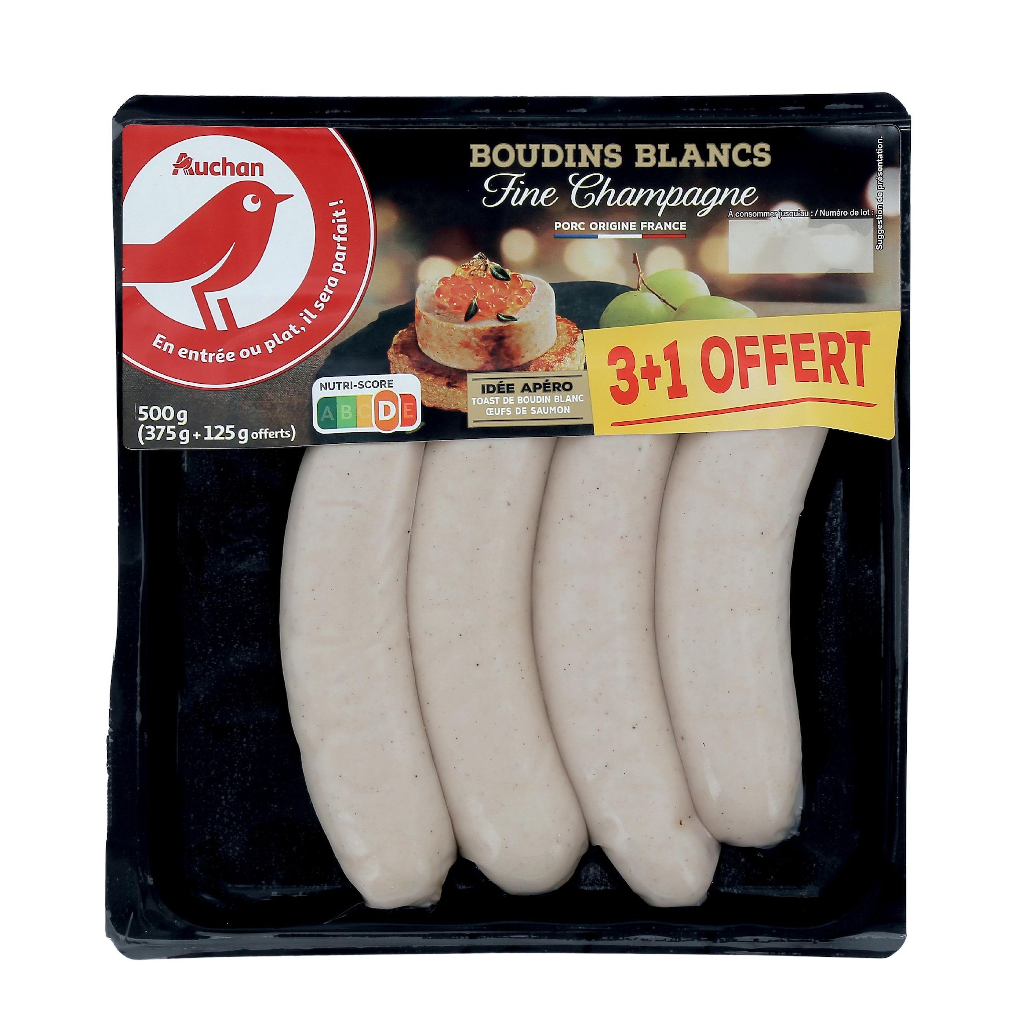 Voir la diapositive 2 : AUCHAN Boudins blancs fine champagne 3 pièces +1 offerte 500g