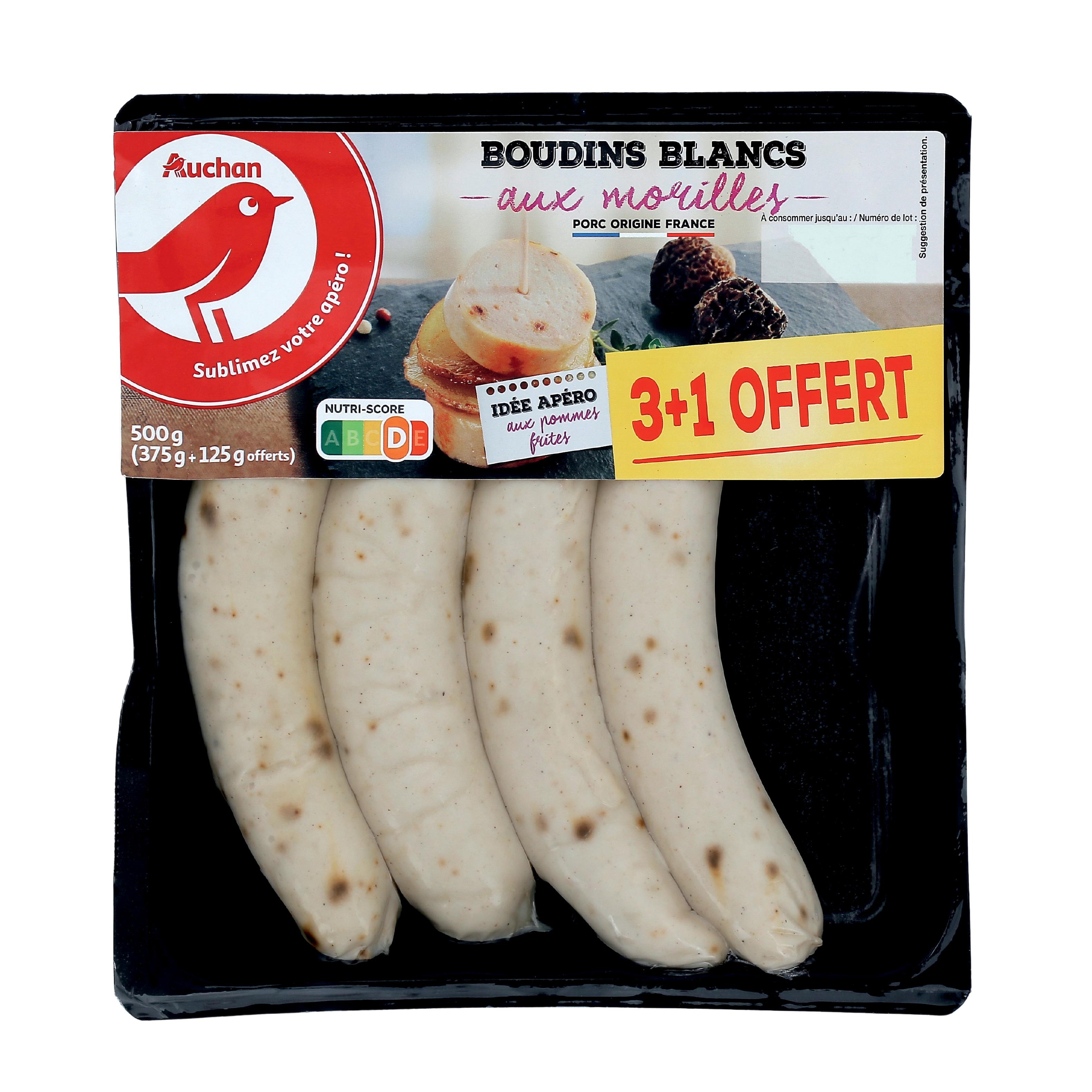 Voir la diapositive 2 : AUCHAN Boudins blancs aux morilles 3 pièces +1 offerte 500g