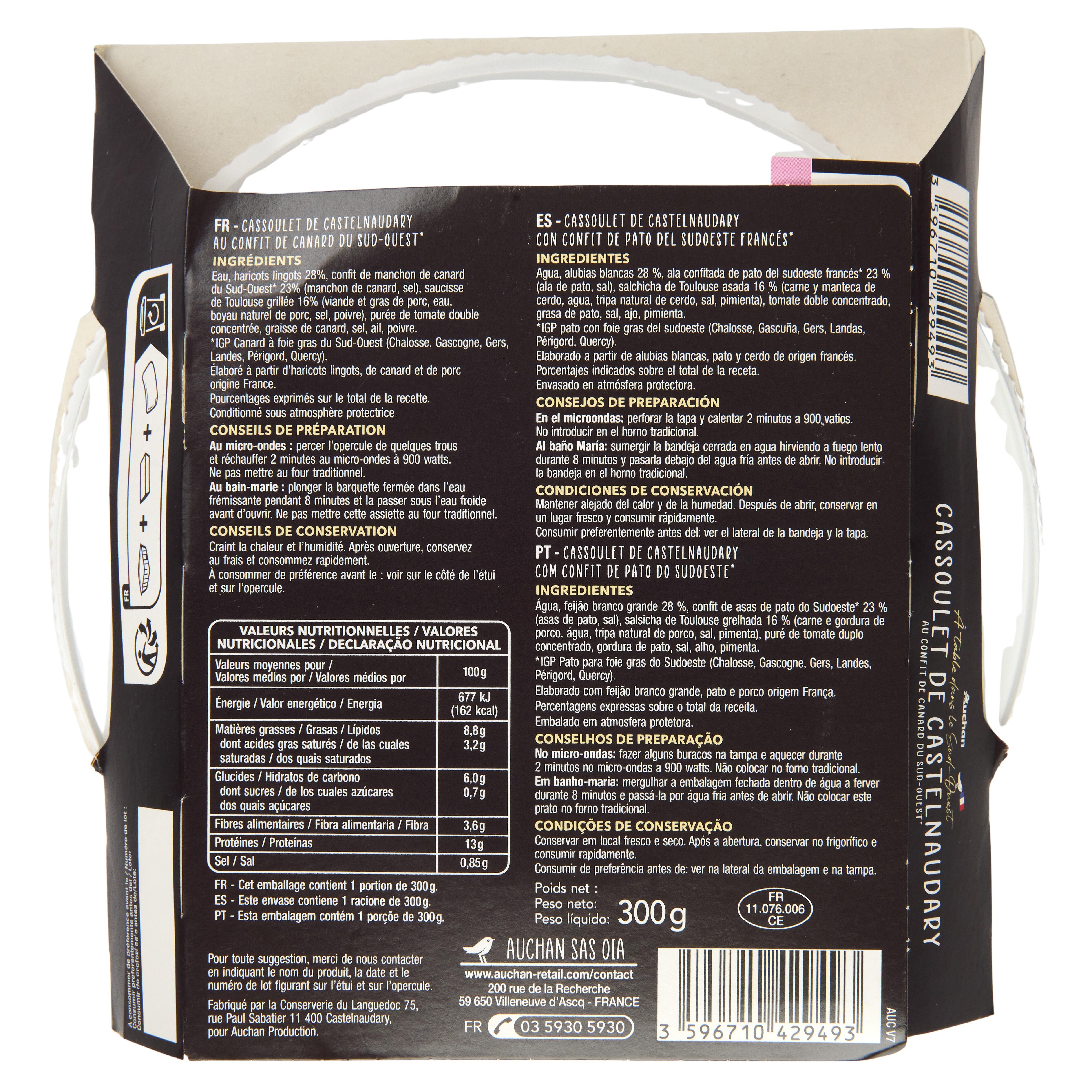 Voir la diapositive 2 : AUCHAN TERROIR Cassoulet de Castelnaudary au confit de canard du Sud-Ouest 1 portion 300g