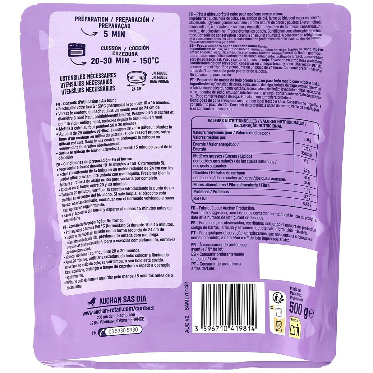 AUCHAN Préparation pour moelleux saveur citron prêt à cuire 8 parts 500g