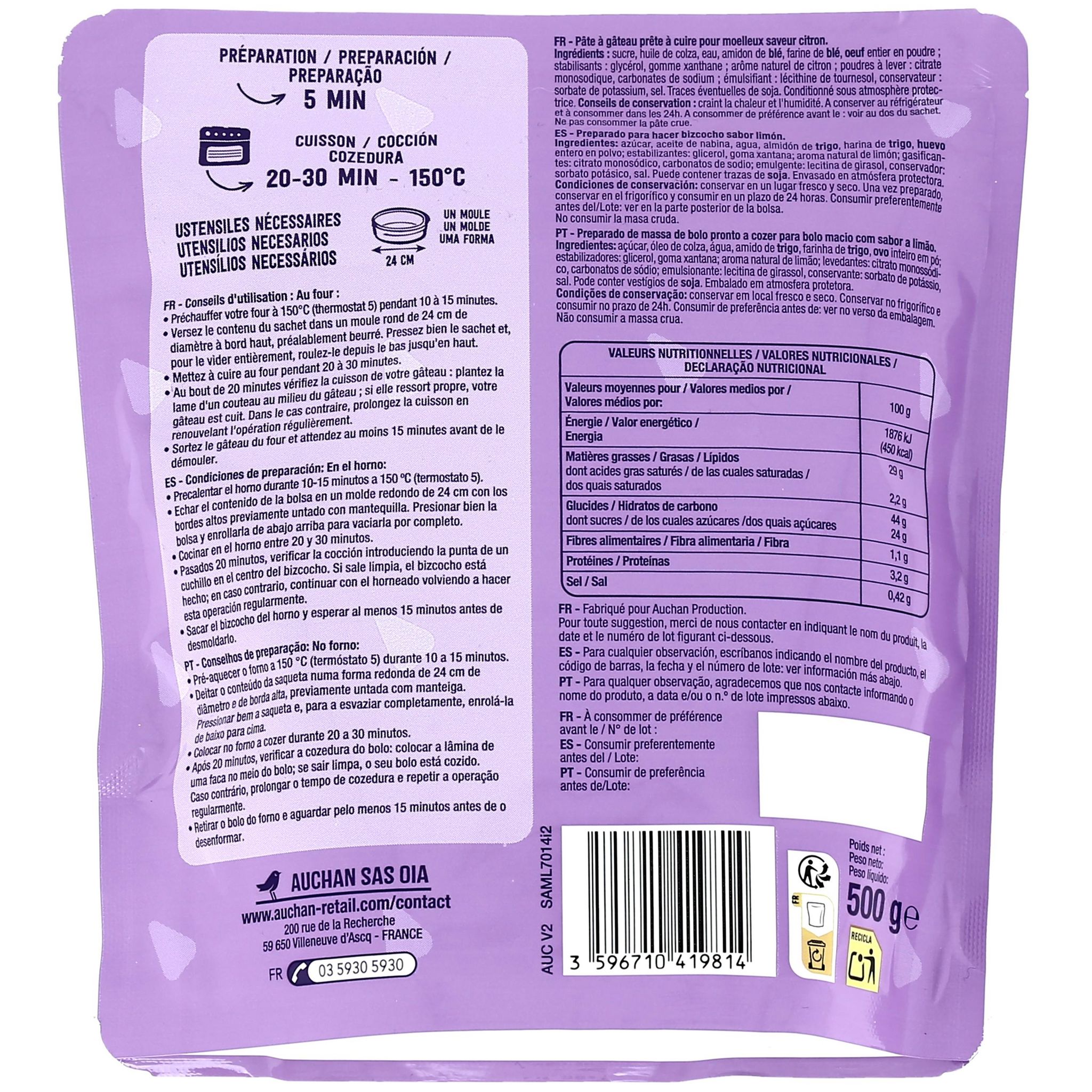 Voir la diapositive 3 : AUCHAN Préparation pour moelleux saveur citron prêt à cuire 8 parts 500g