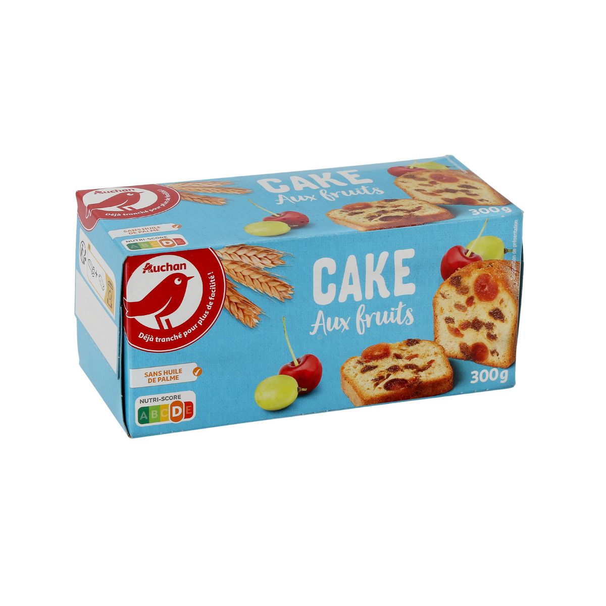 AUCHAN Cake aux fruits sans huile de palme prétranché 12 tranches 300g