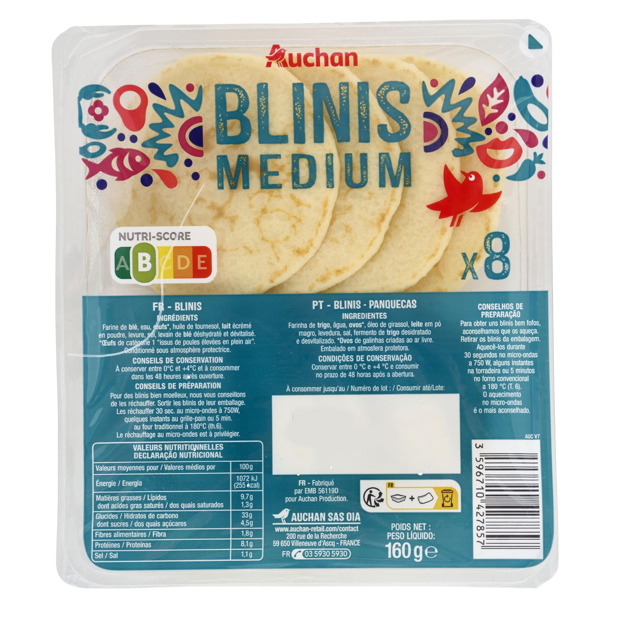 Voir la diapositive 2 : AUCHAN Blinis médium 8 pièces 160g